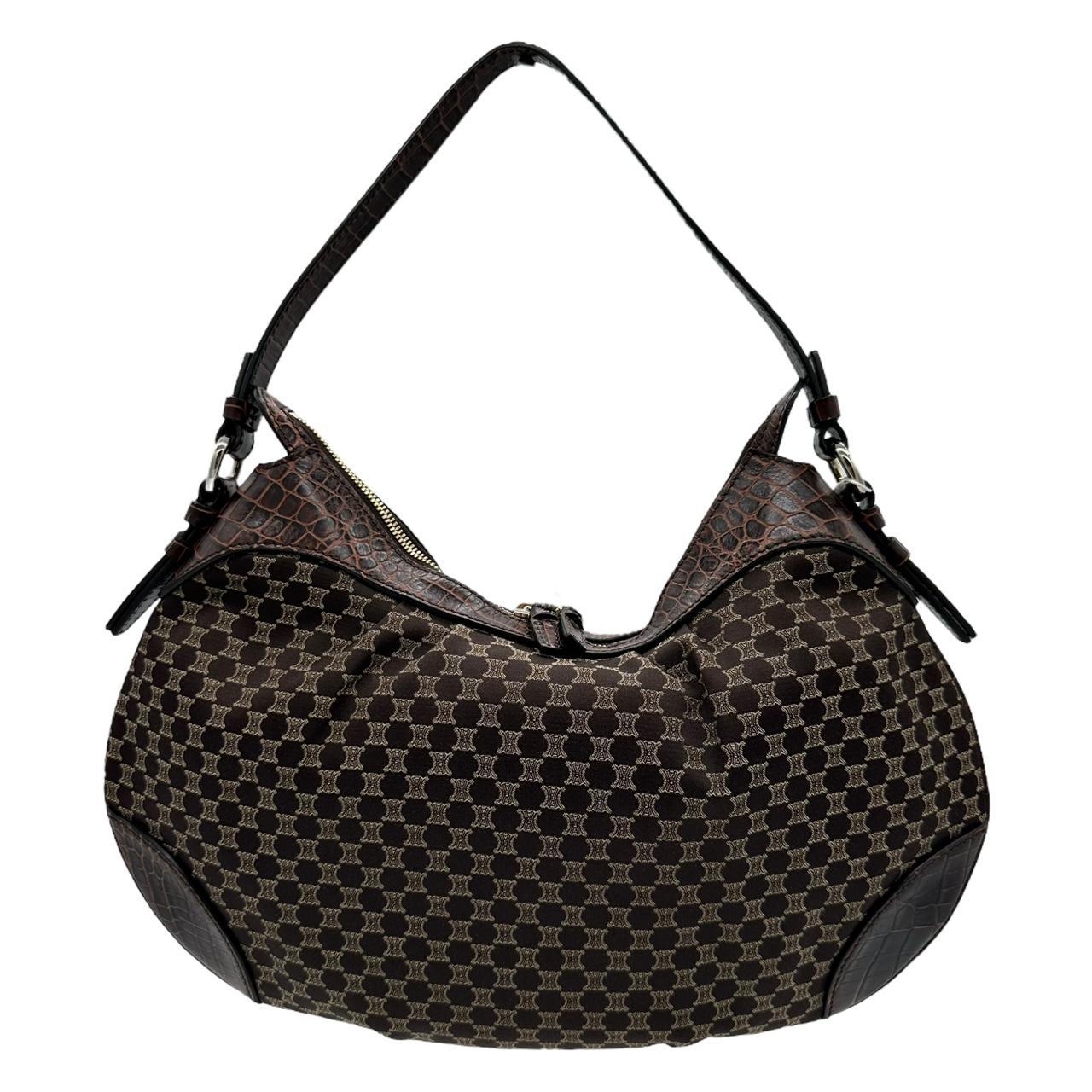 Celine Crescent Shoulder Bag Brown Croc Trim Monogram