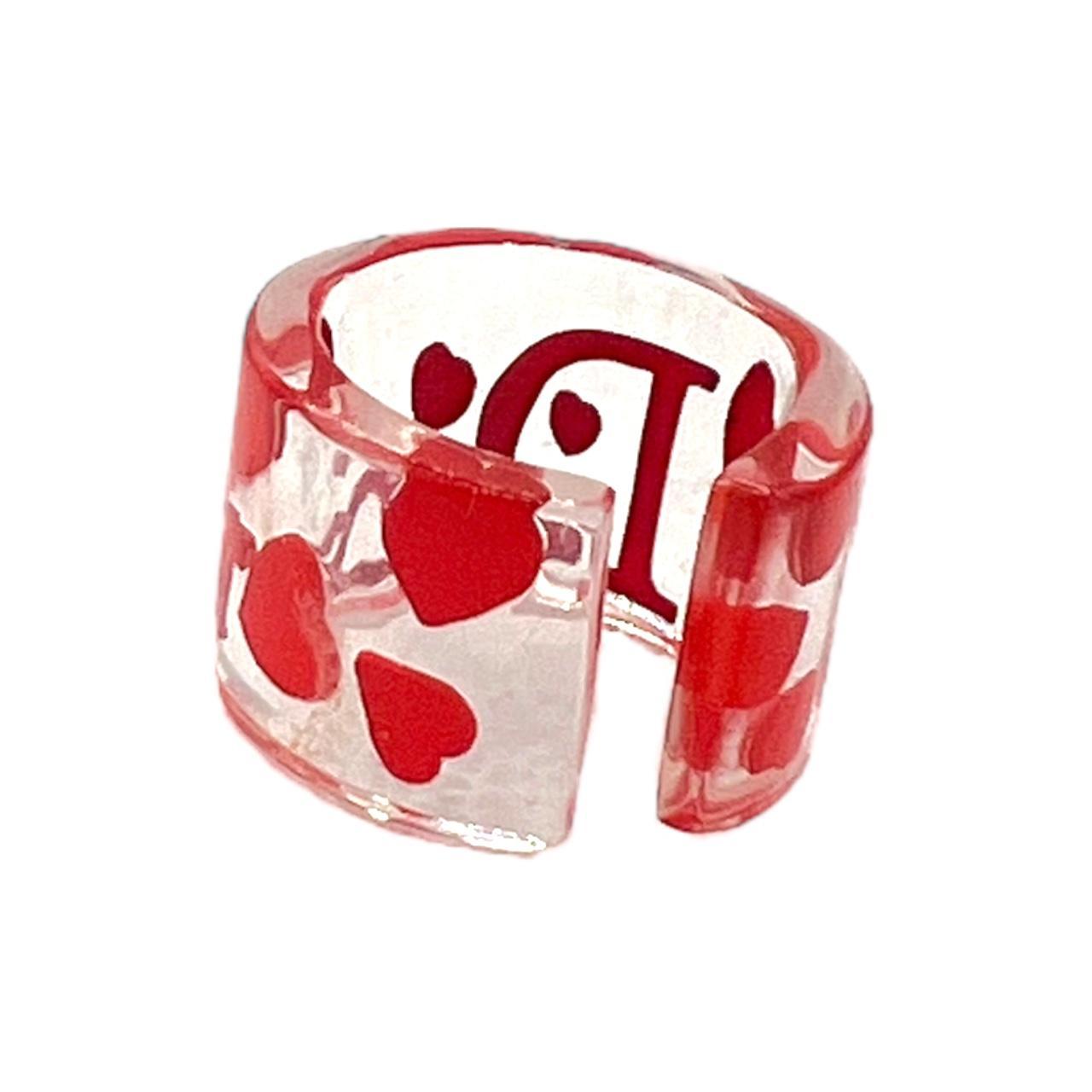 Christian Dior Transparent Logo Heart Ring Red Accents