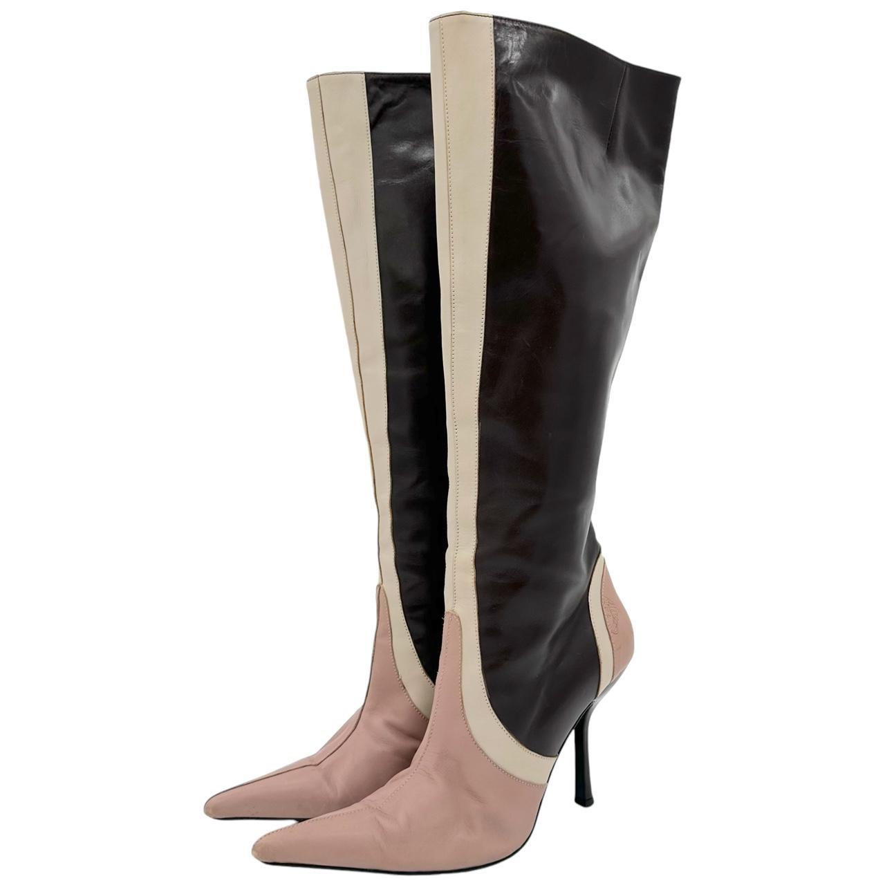 Versace Brown Pink Leather Heeled Knee-High Boots