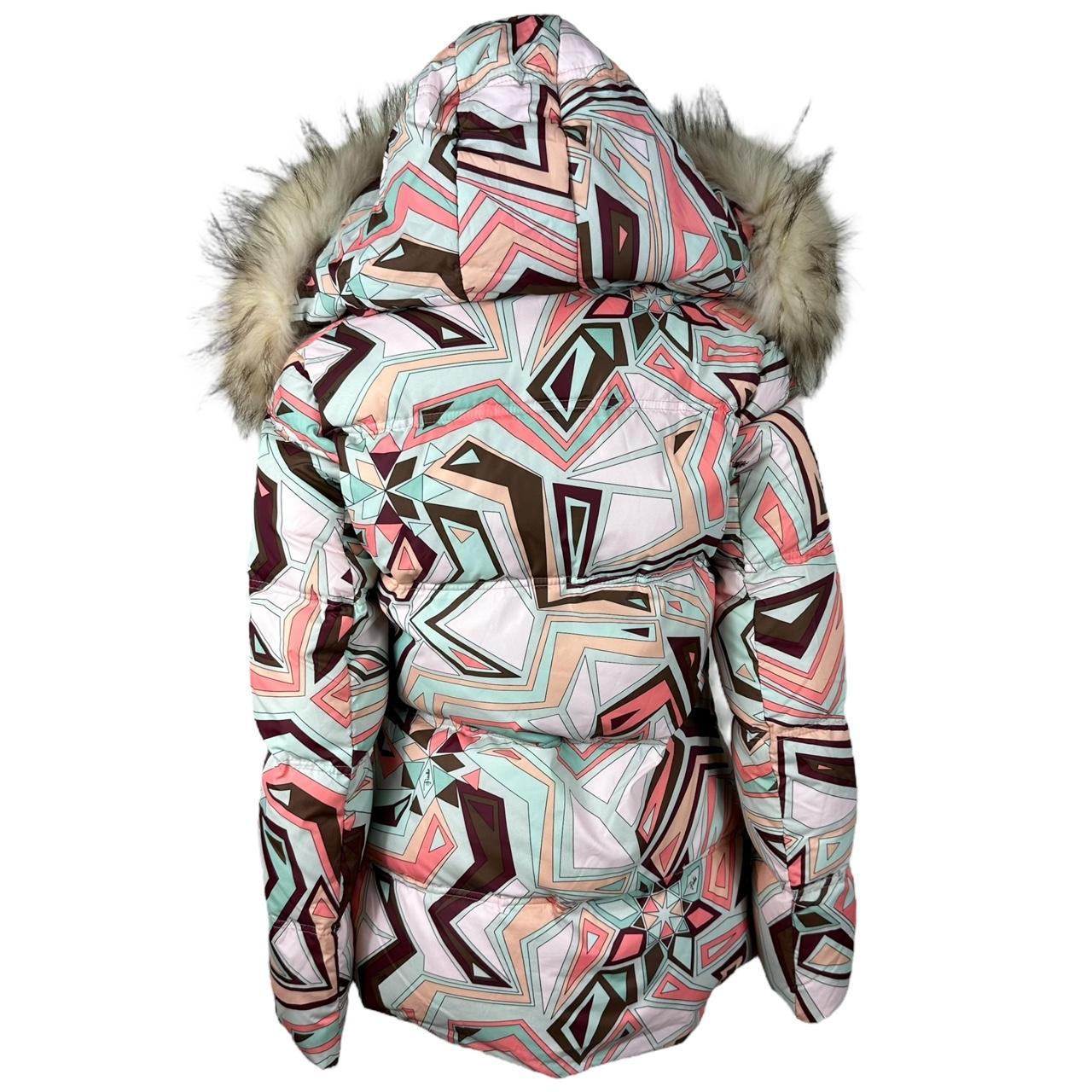 Emilio Pucci Multicolor Printed Down Fill Fur Trim Puffer Coat