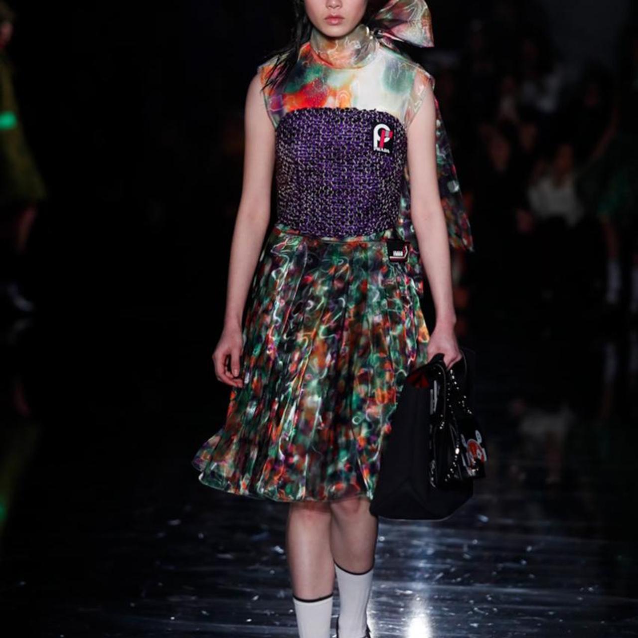 Prada Fall 2018 RTW Purple and Black Tweed Woven Purple and Black Strapless Tube Top Bustier with Rubber Logo Patch