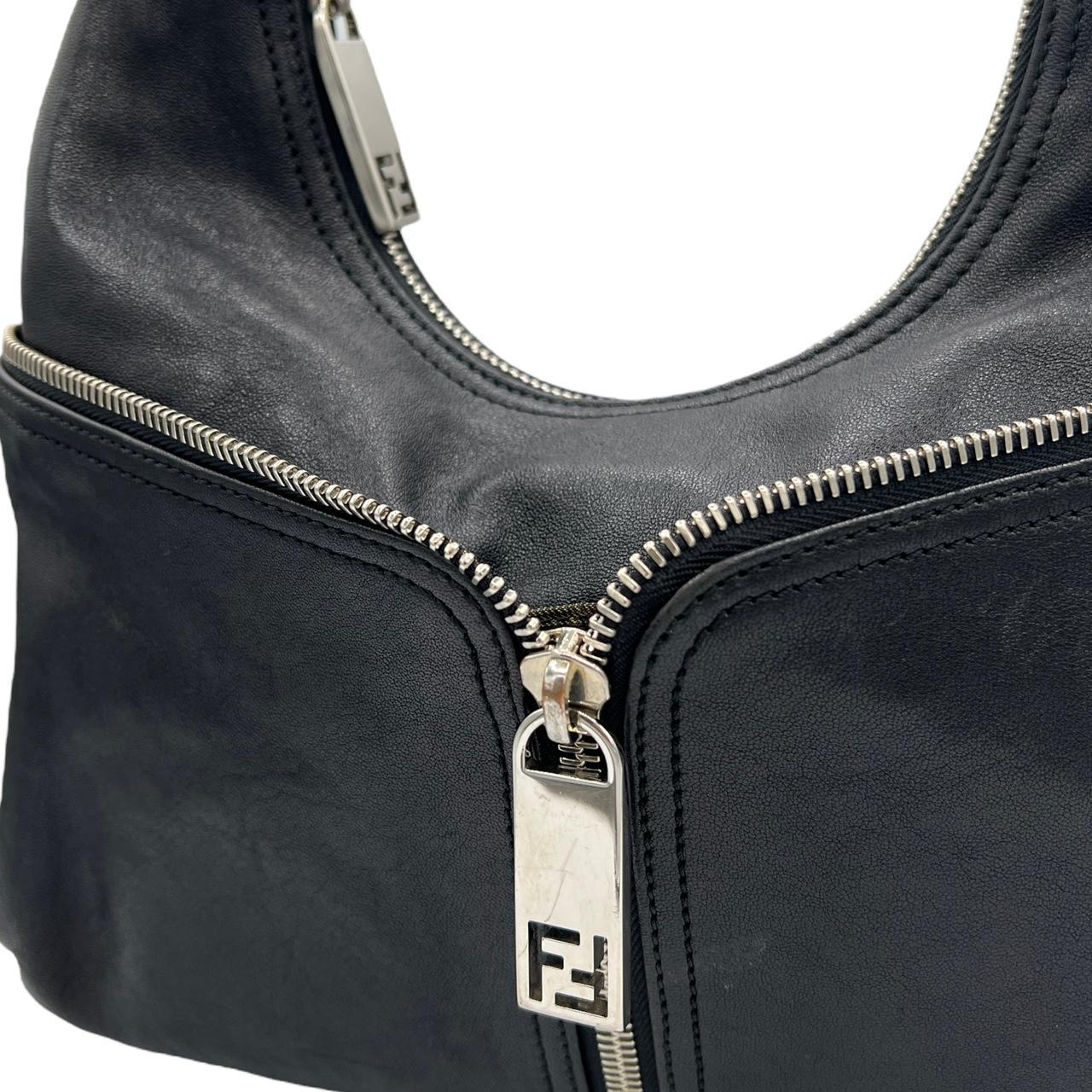 Fendi Black Leather Hobo Bag with Silver Zipper Detail
