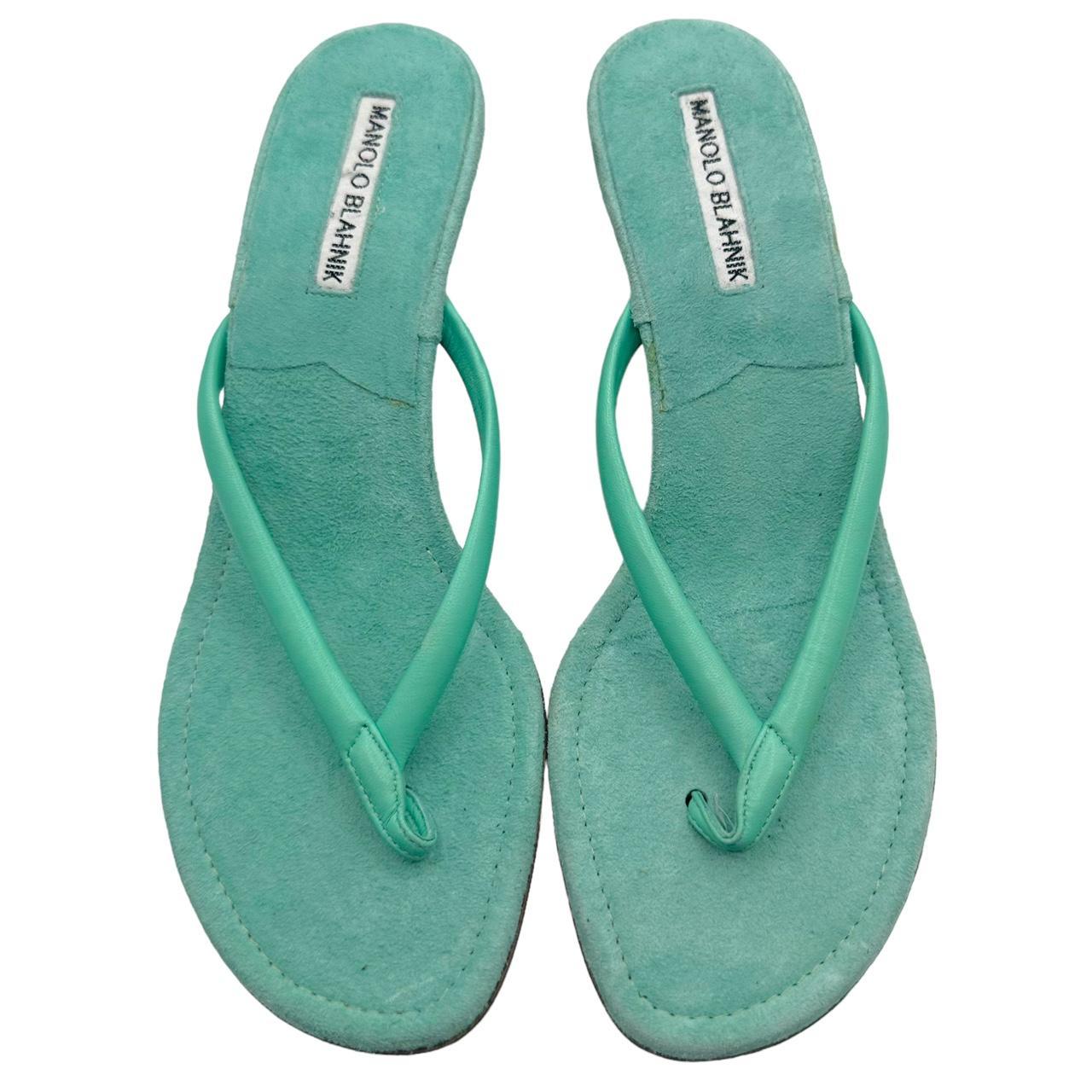 Manolo Blahnik Teal Suede Wedge Kitten Heel Flip Flops