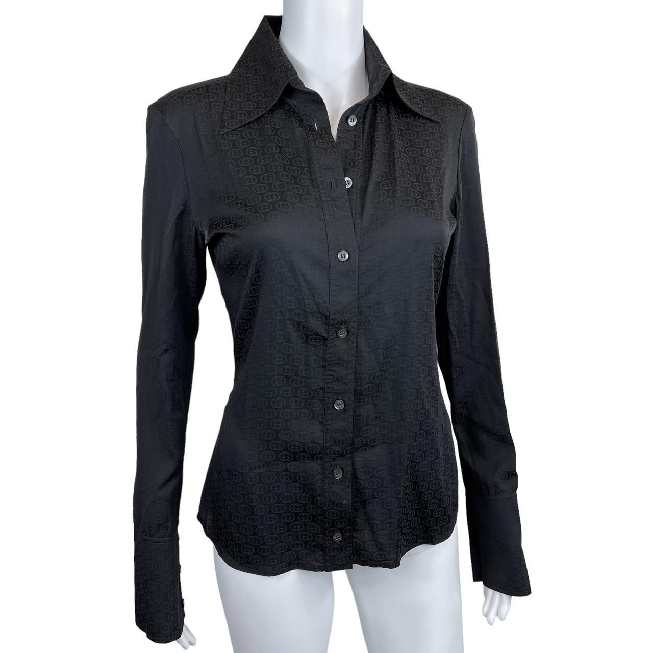 Gucci by Tom Ford F/W 2003 Black Silk GG Logo Button Up Blouse