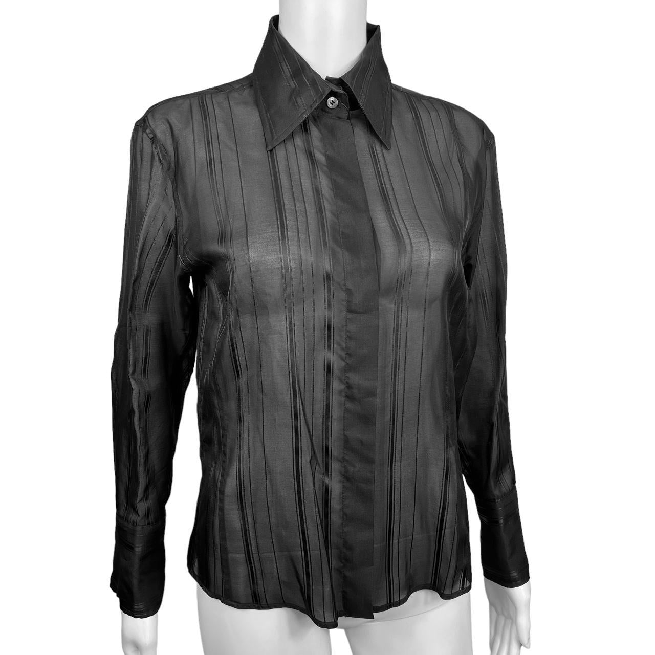 Gucci By Tom Ford s/s 2001 Black Semi-Sheer Striped Silk Button Down Blouse - Outfit Repeater