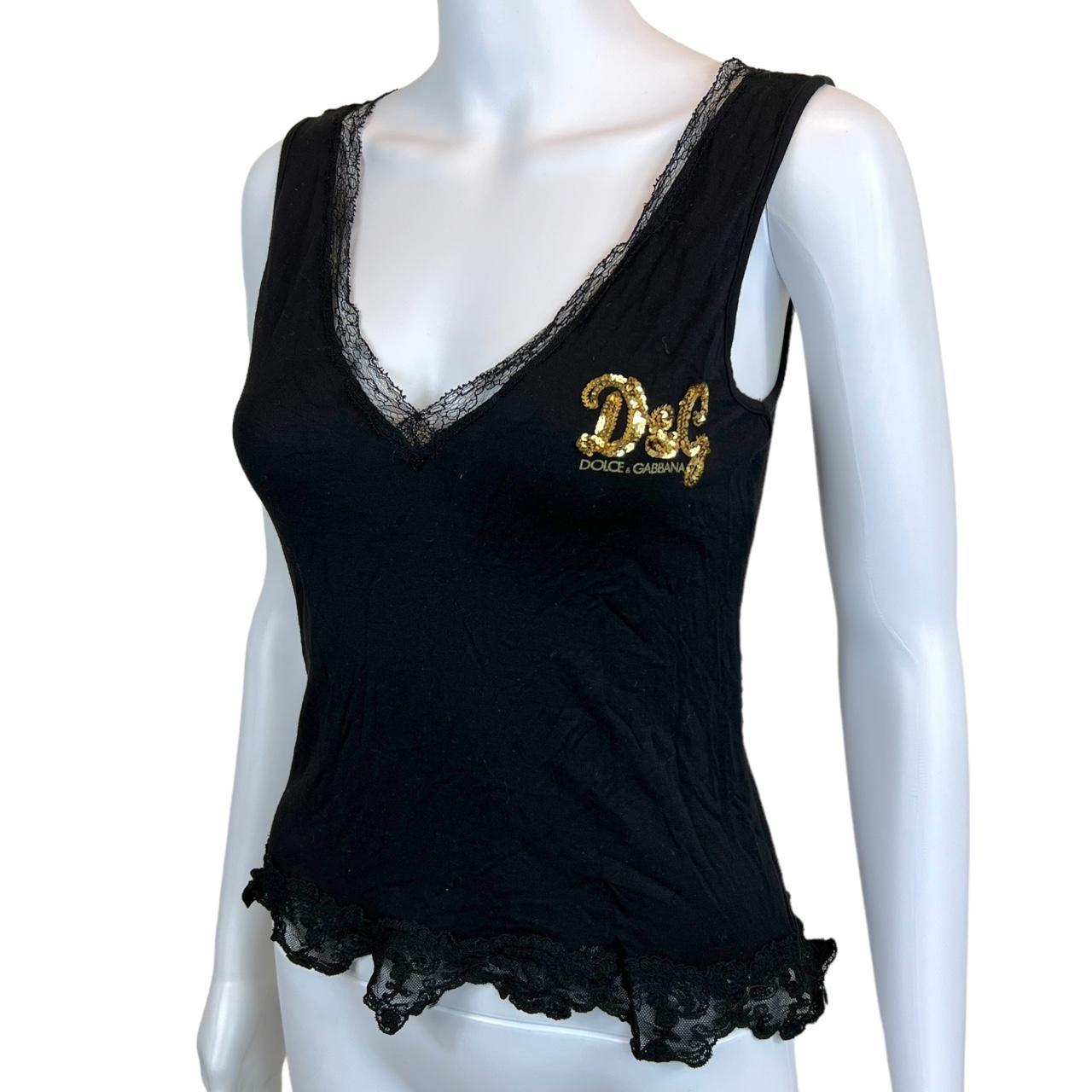 Dolce & Gabbana Black Lace Trimmed Tank Top with Gold Sequin Logo