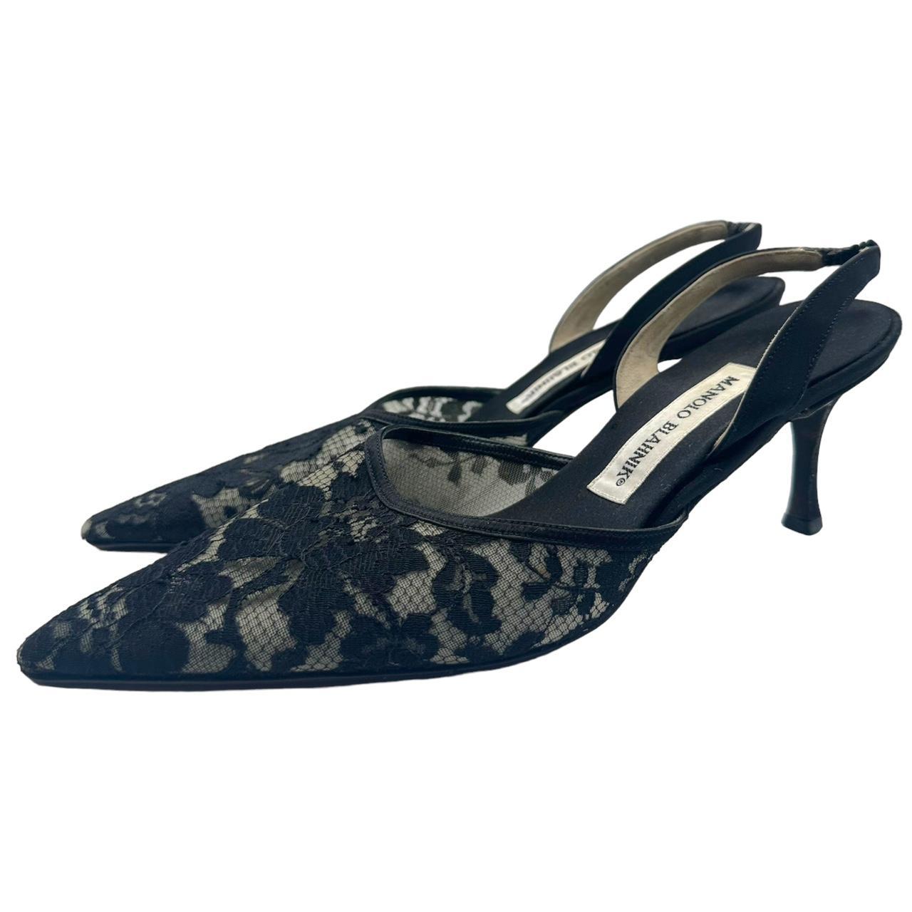 Manolo Blahnik Lace Slingback Heels Black Pointe Toe