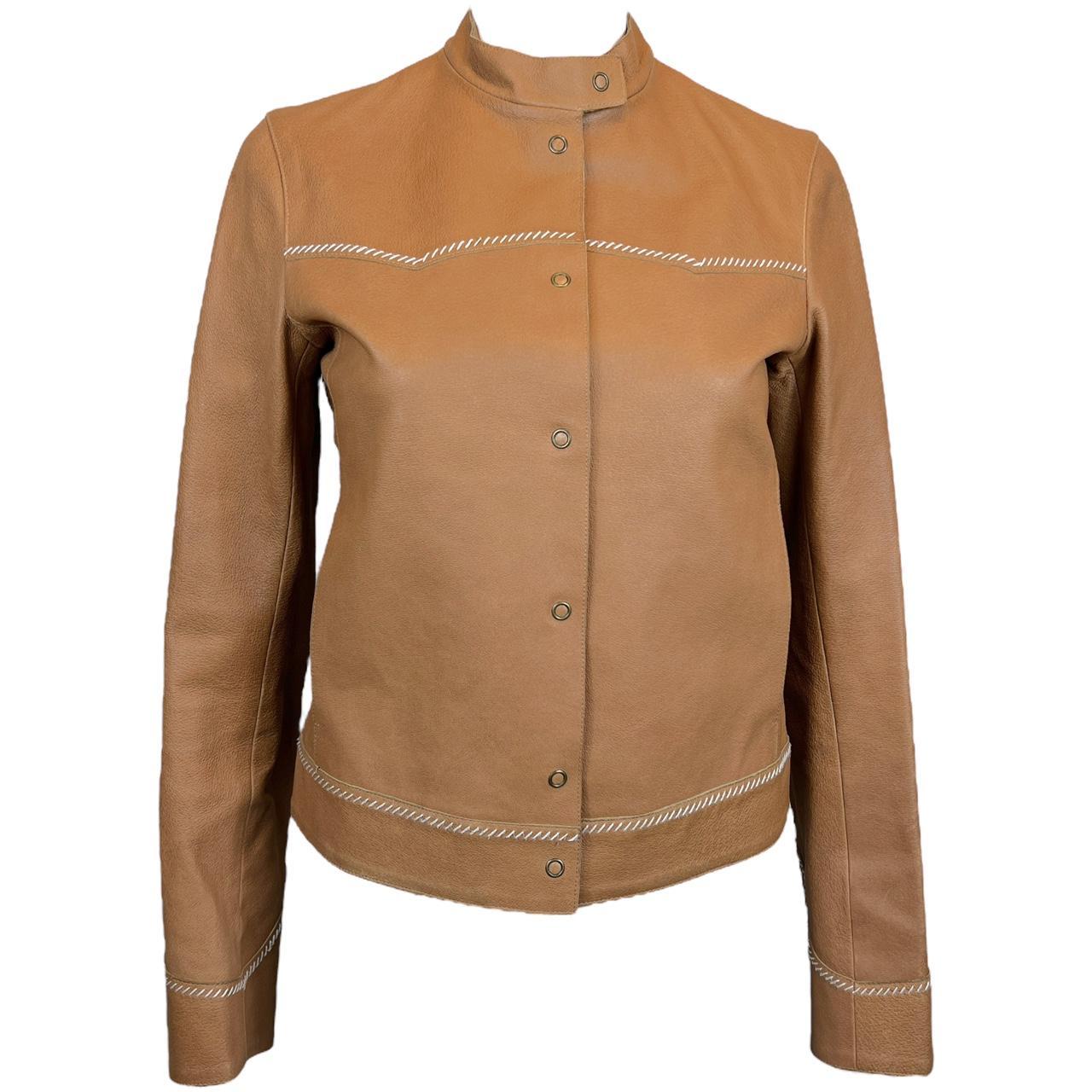 Miu Miu Tan Leather Western Style Jacket with Cream Stitching - Outfit Repeater