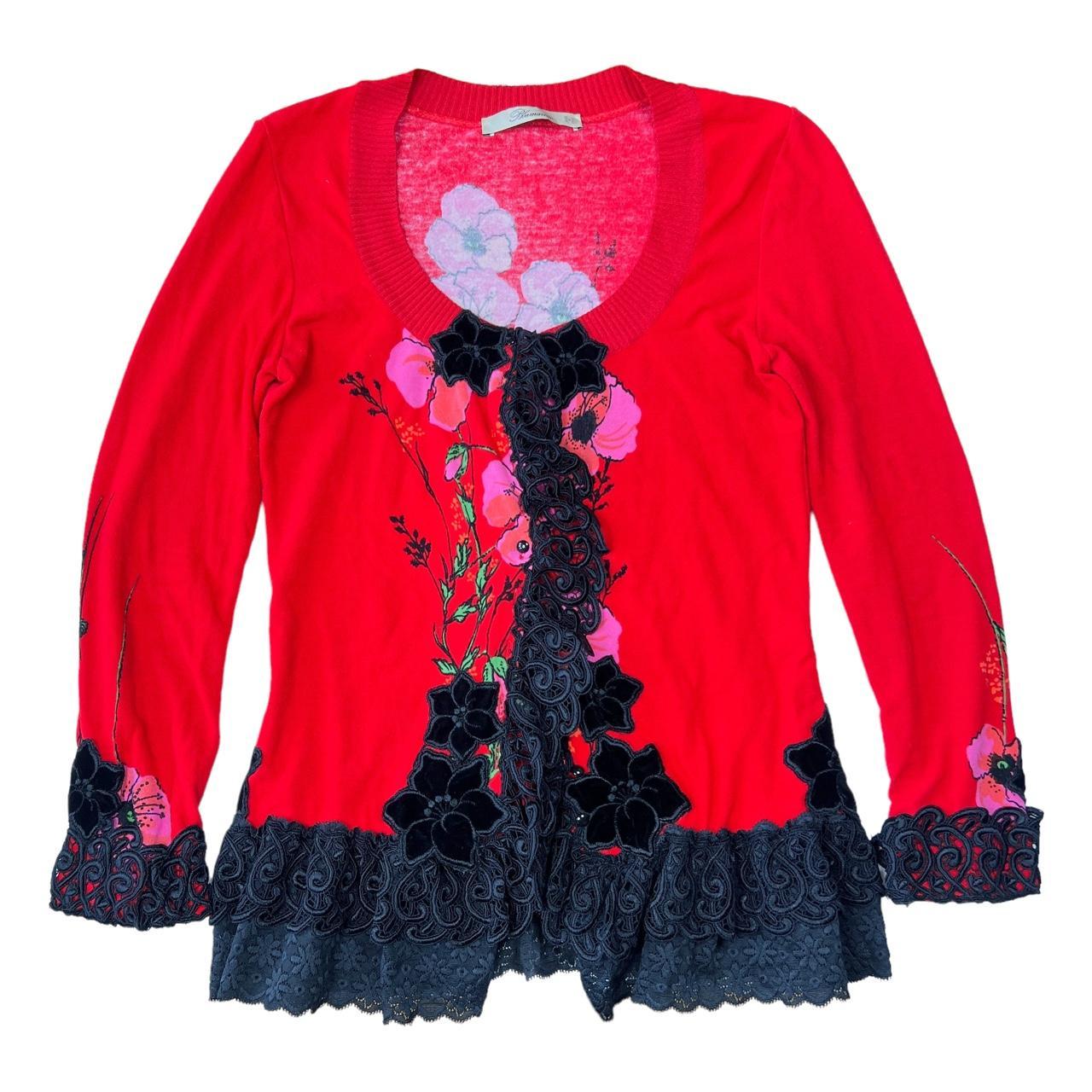 Blumarine Red Floral Patterned Knit Cardigan and Off The Shoulder Tank Set - Outfit Repeater