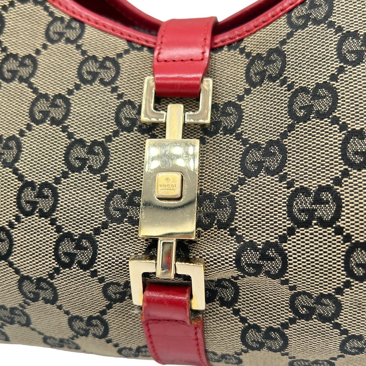 Gucci Red Leather Gray Monogram Jackie Shoulder Bag