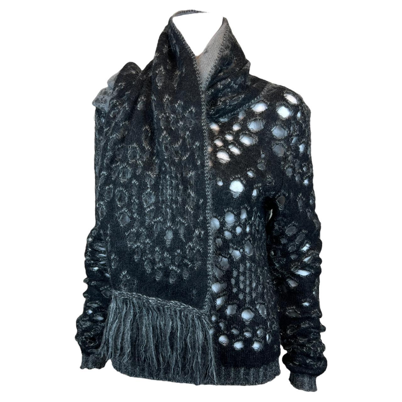 Christian Dior by John Galliano F/W 2000 Black/ Gray Open Knit Distressed Sweater and Scarf - Outfit Repeater