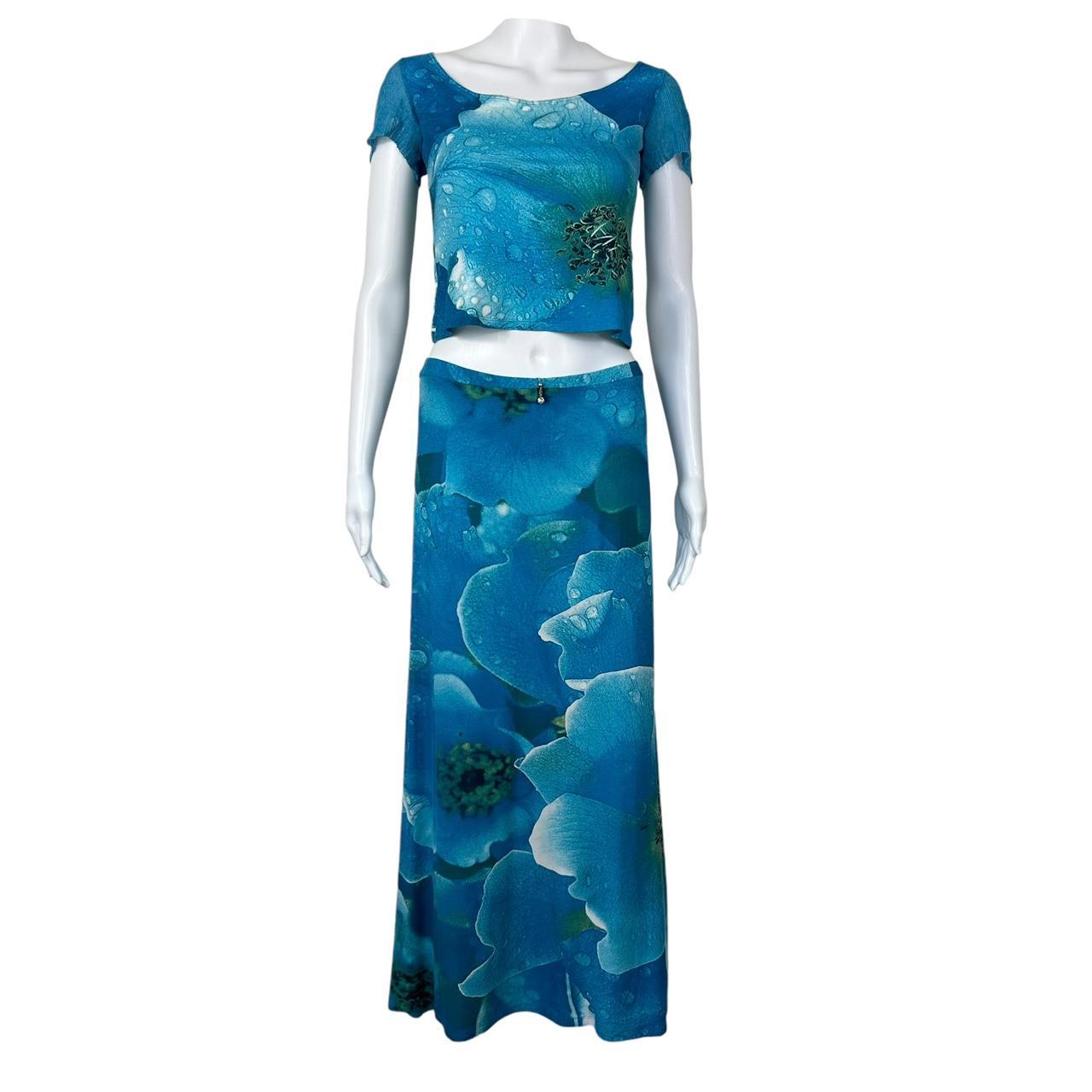 Roberto Cavalli Blue Floral Crop Top & Maxi Skirt Set