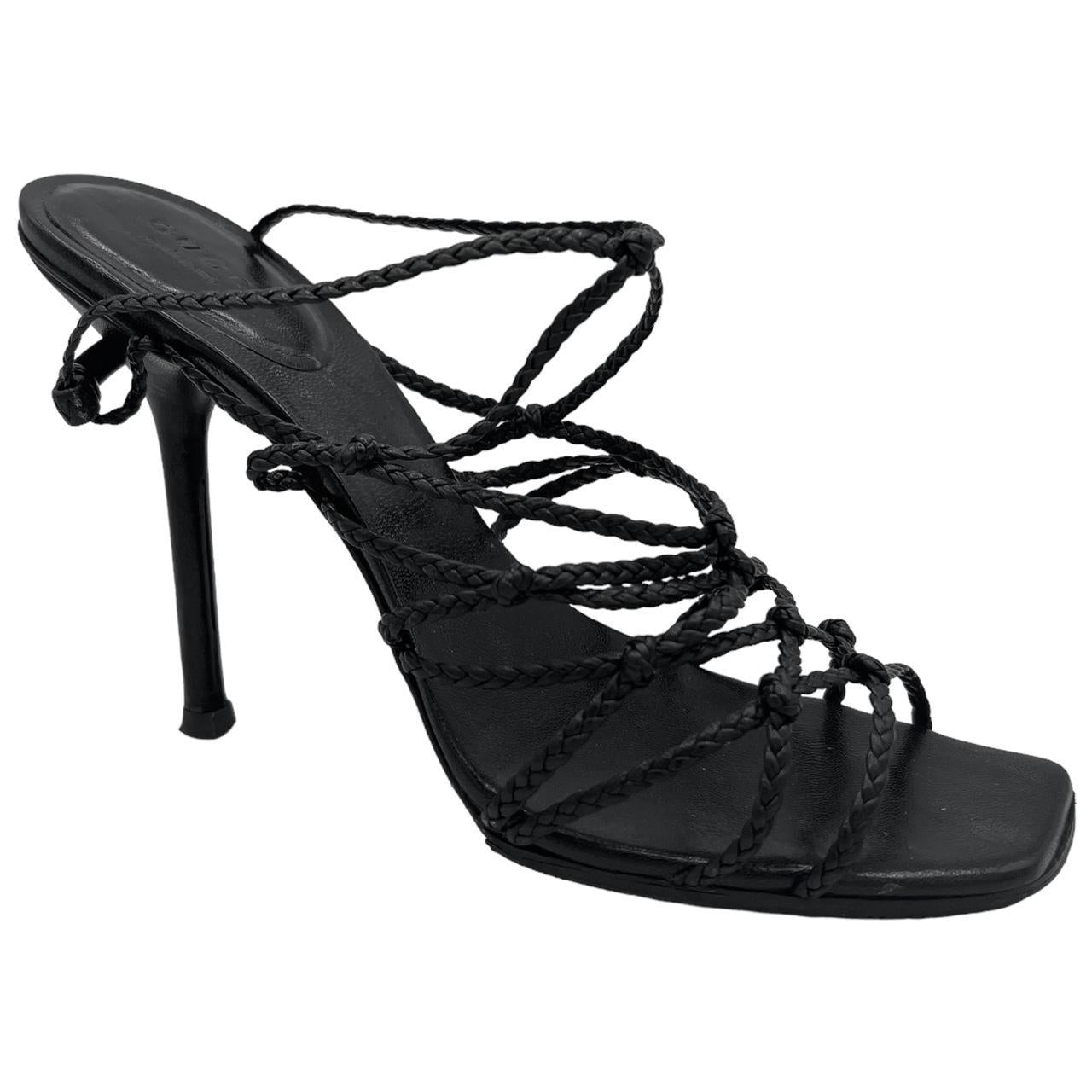 Gucci Black Braided Leather Strappy Heels Size 37