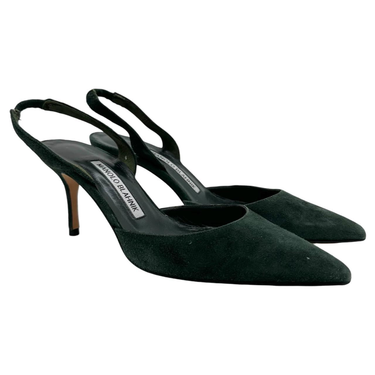Manolo Blahnik Forest Green Suede Slingback Heels