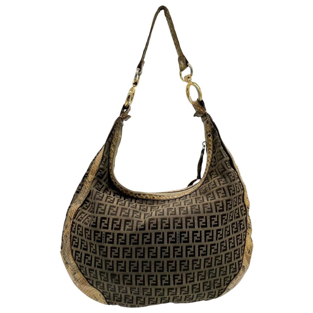 Fendi Zucchino Monogram Python Trim Crescent Shoulder Bag