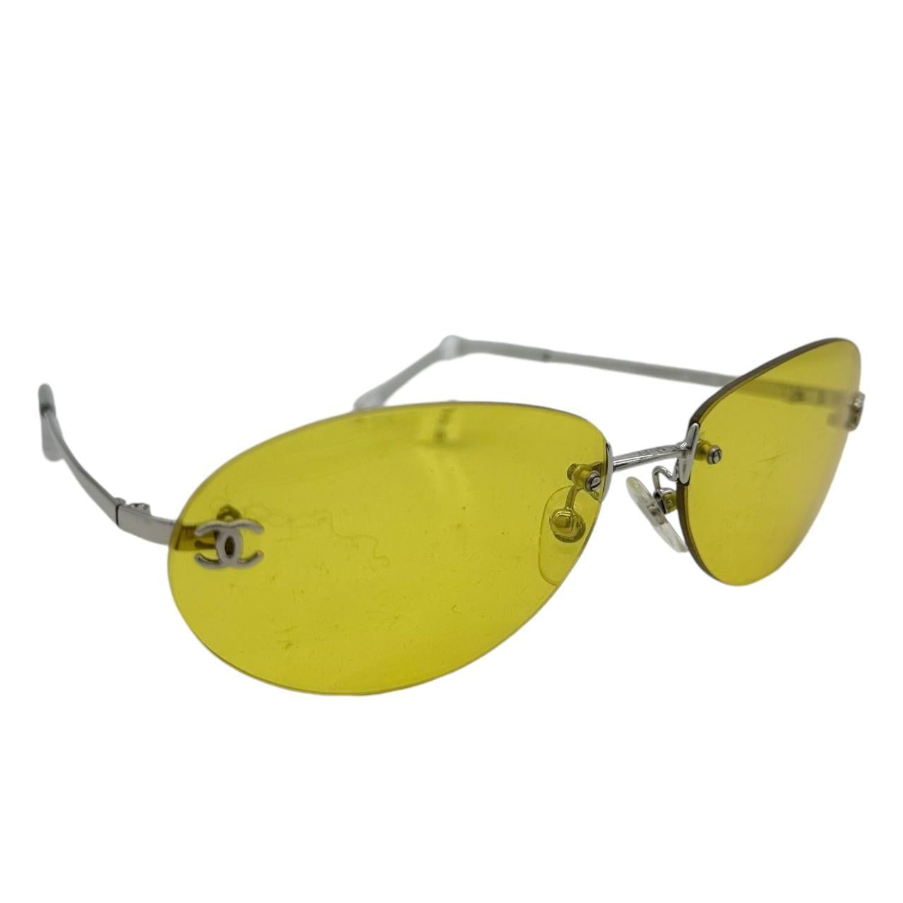 Chanel Rimless Sunglasses Yellow Tinted Lenses Silver Hardware