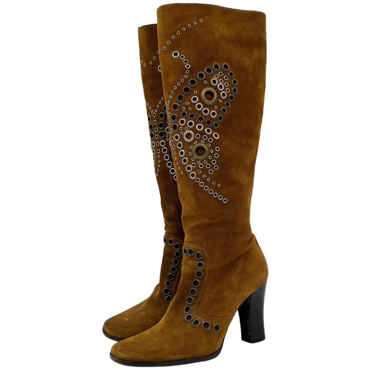 Dolce & Gabbana Brown Suede Knee-High Boots with Rivets