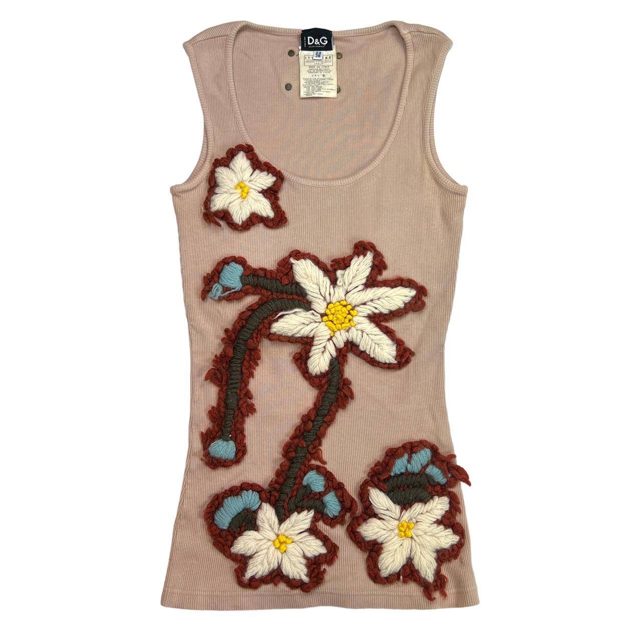 Dolce & Gabbana Dusty Pink Ribbed Tank Top with Oversized Wool Floral Embroidery