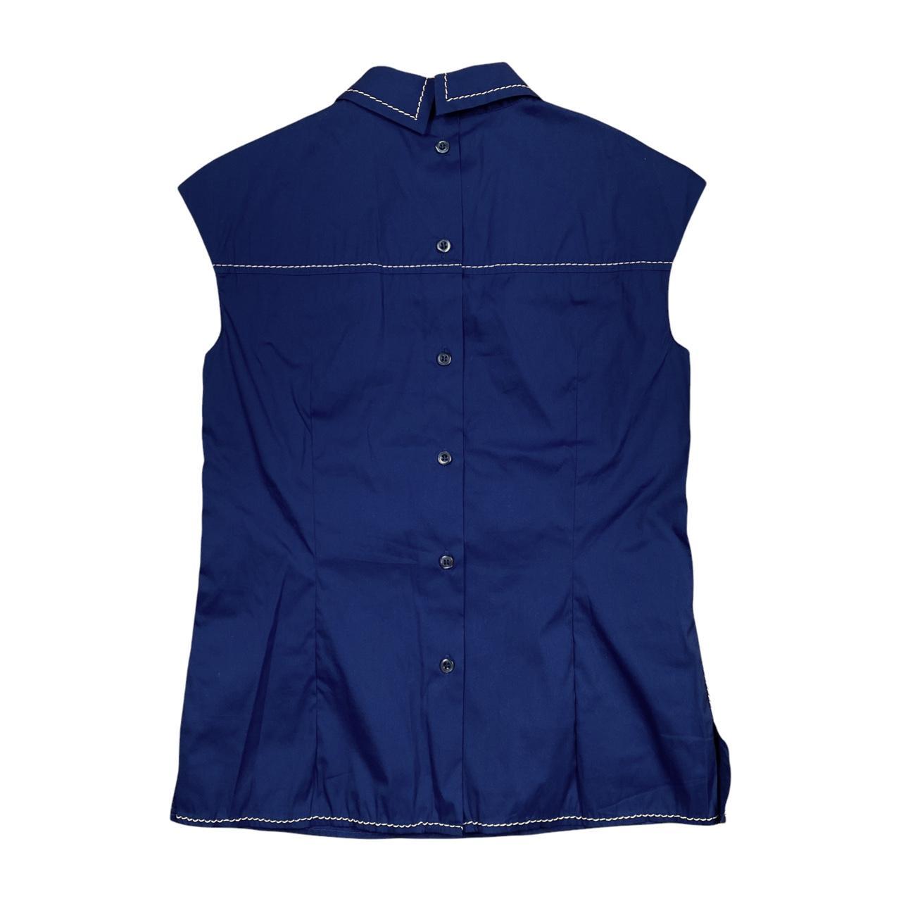 Prada Milano Blue Collared Sleeveless Blouse with Crochet Detailing and Button-Up Back