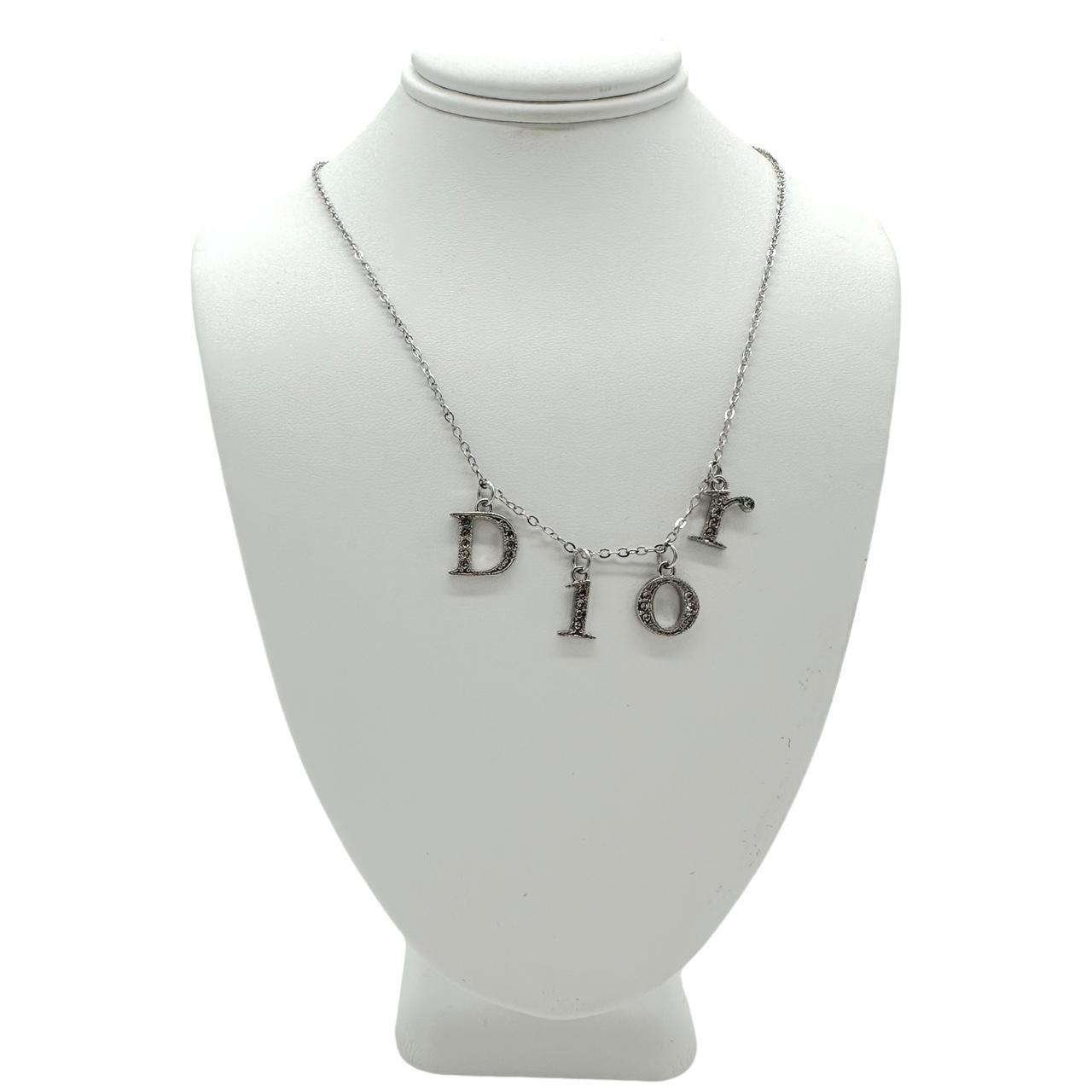 Christian Dior Silver Crystal Logo Charm Necklace