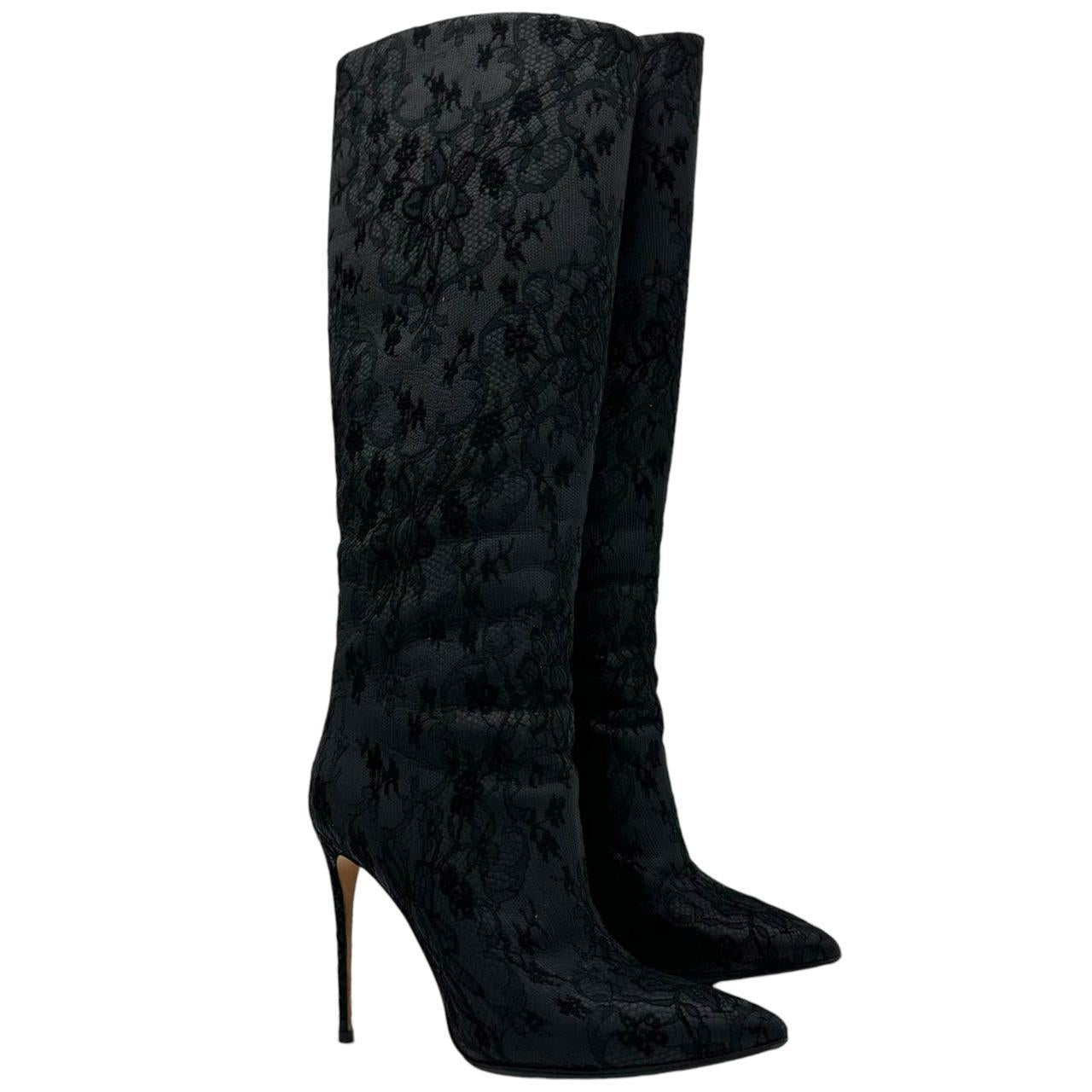Dolce & Gabbana Black Lace Heeled Knee-High Boots