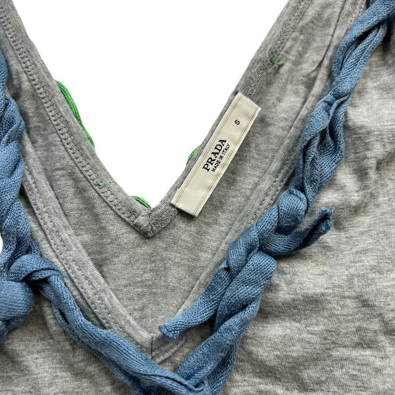 Prada Spring 2008 Gray Tank Top with Green and Blue String Appliqué V-Neck Neckline