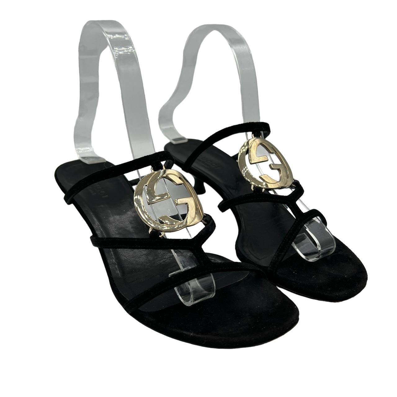 Gucci Black Suede Kitten Heel Sandals