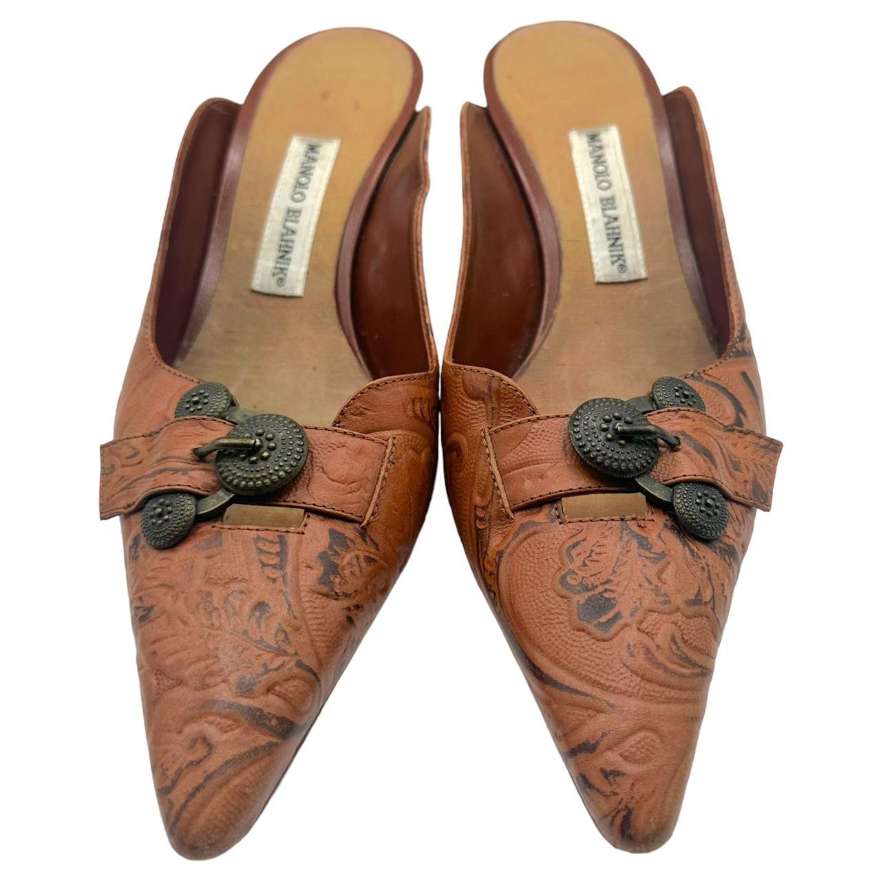 Manolo Blahnik Brown Embossed Leather Kitten Heel Mules