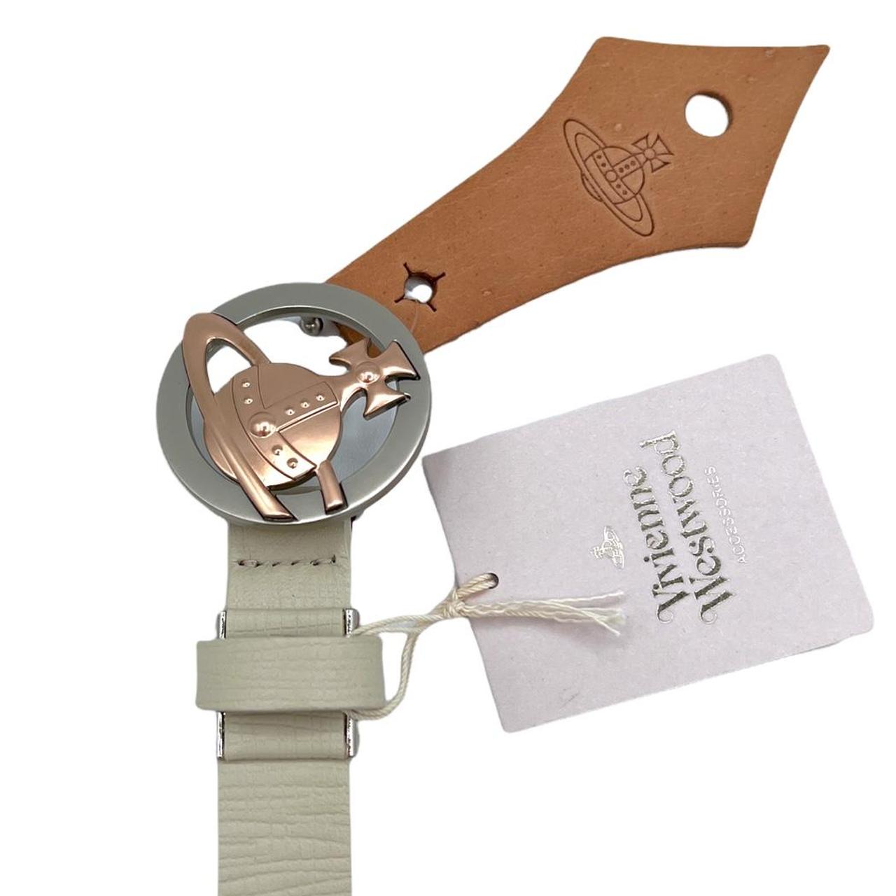 Vivienne Westwood Ivory Leather Belt with Silver and Rose Gold Orb Logo Buckle - Outfit Repeater