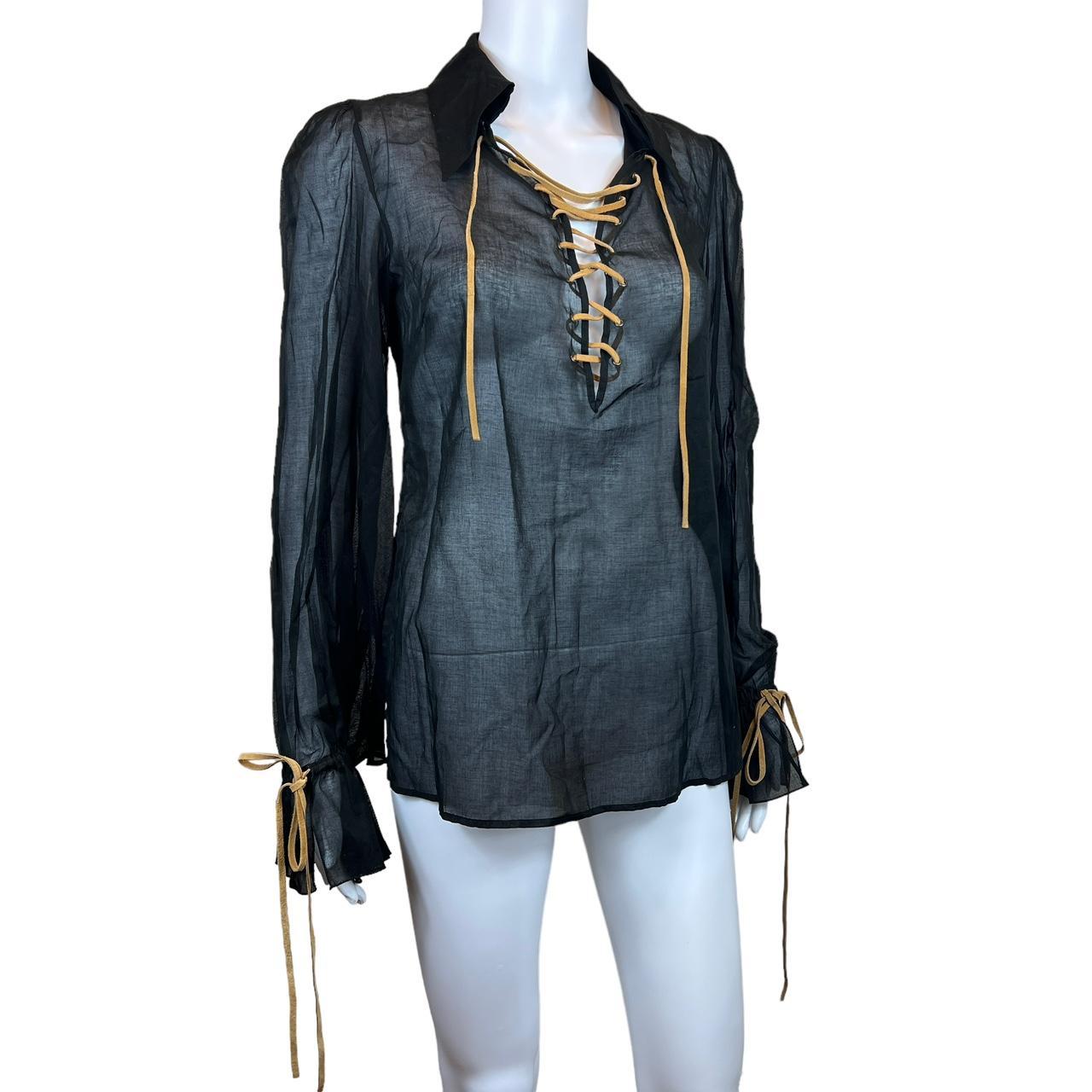 Dolce & Gabbana Black Sheer Cotton Blouse with Tan Lace Up Detail