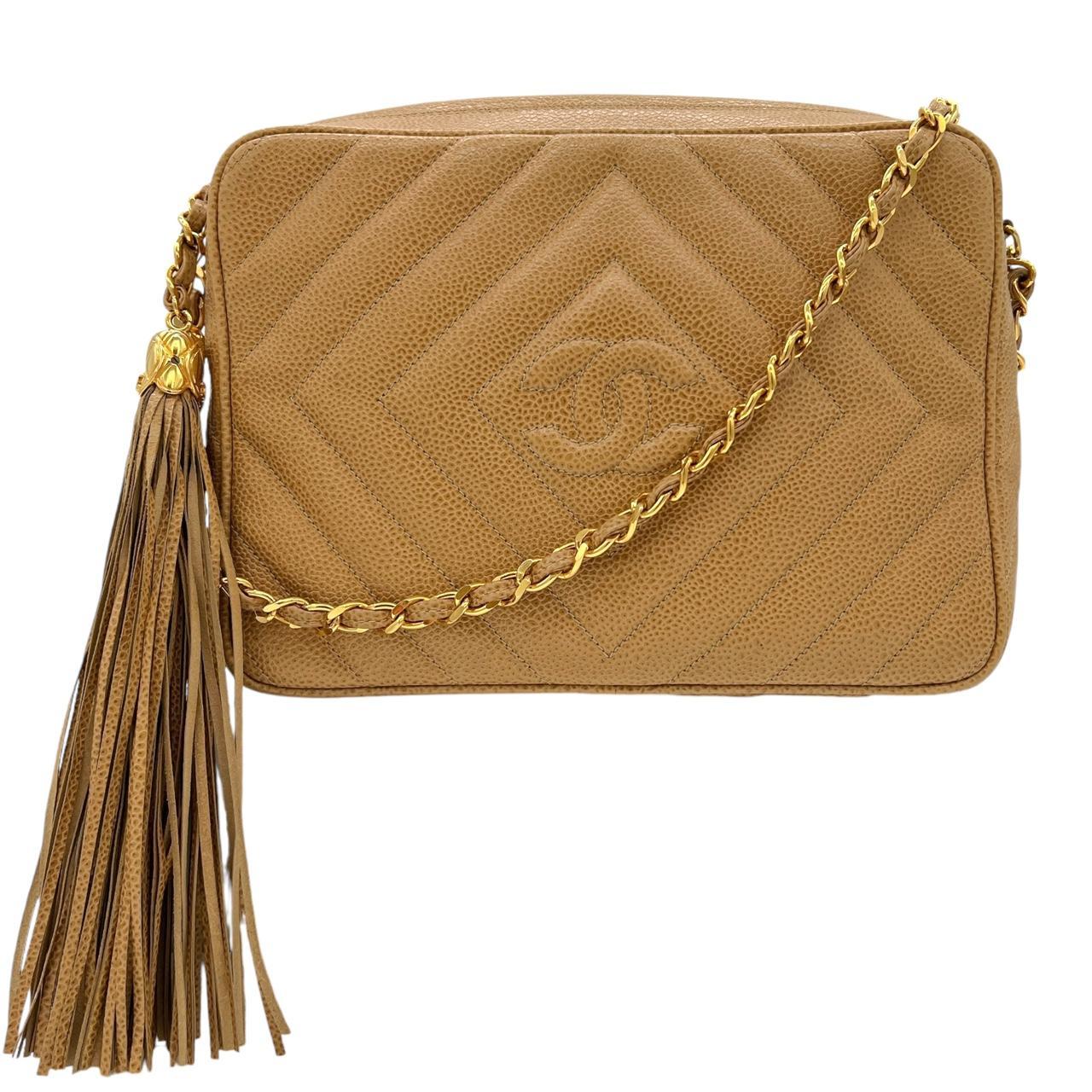 Chanel Tan Caviar Leather Diamond Quilted Camera Crossbody Bag