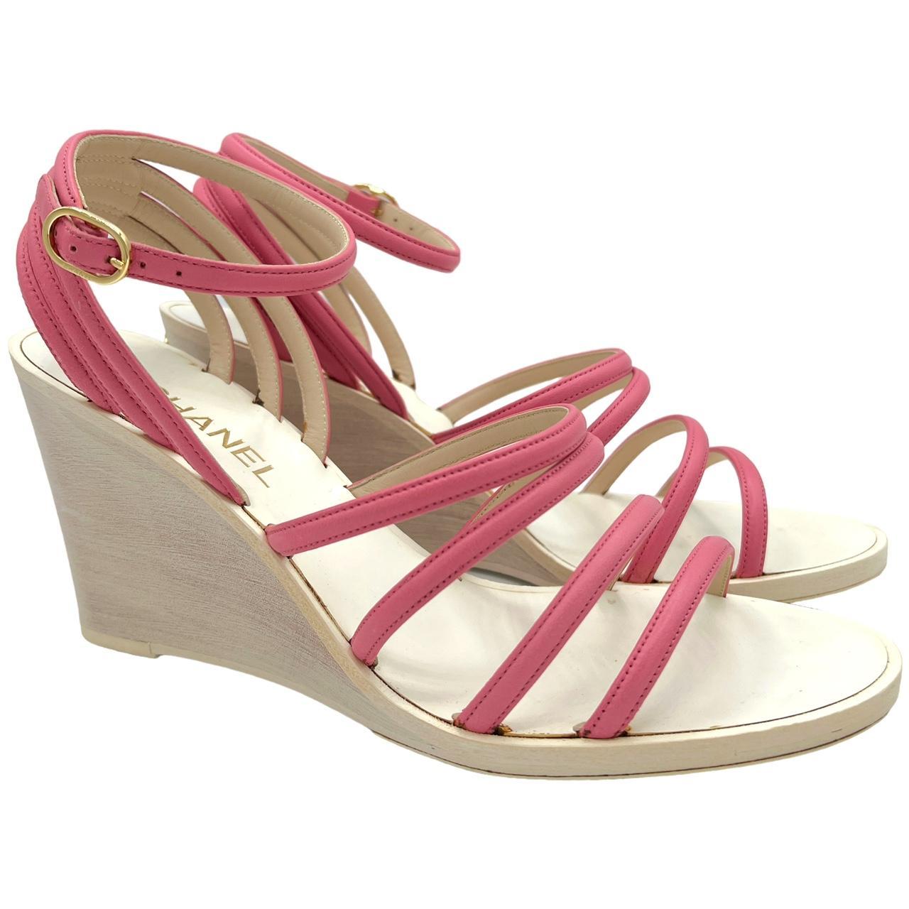 Chanel Pink Lambskin Strappy Wedge Sandals