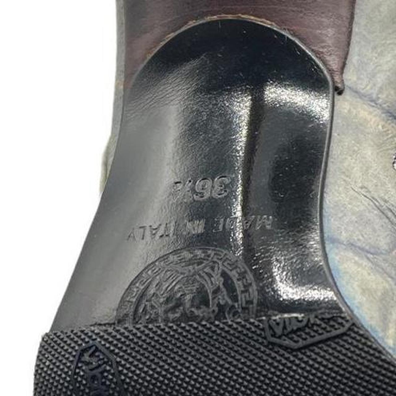 Gianni Versace Knee High Heeled Boots Blue Gray Croc Leather