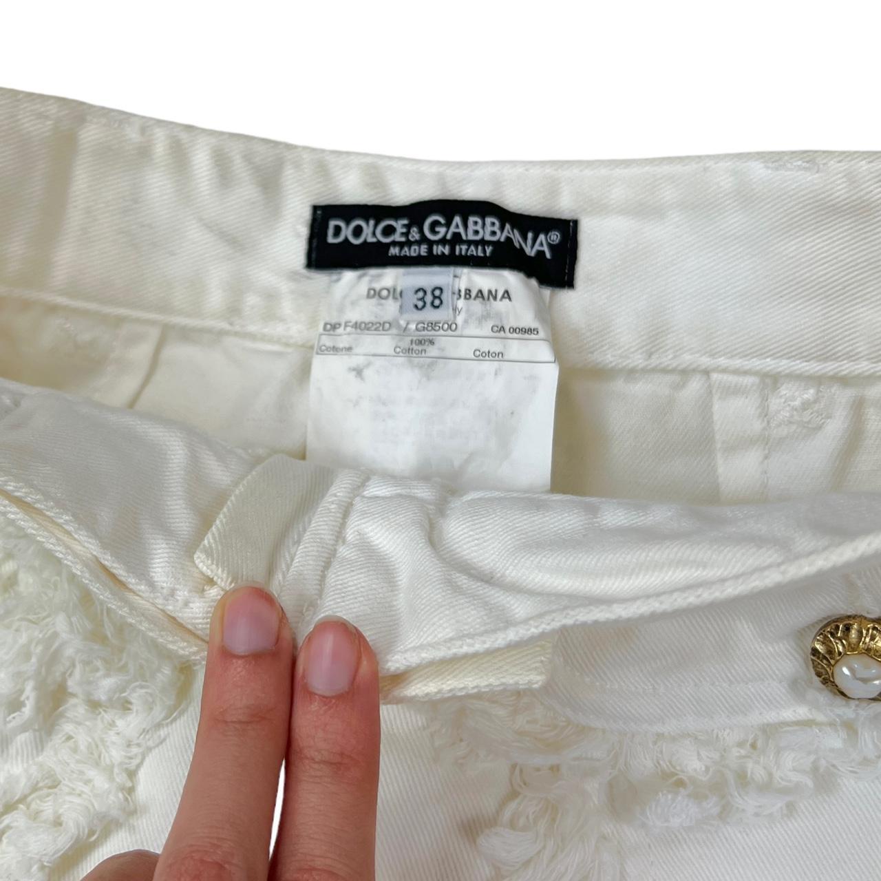 Dolce & Gabbana D&G White Frayed Denim Mini Skirt with Gold and Pearl Buttons - Outfit Repeater