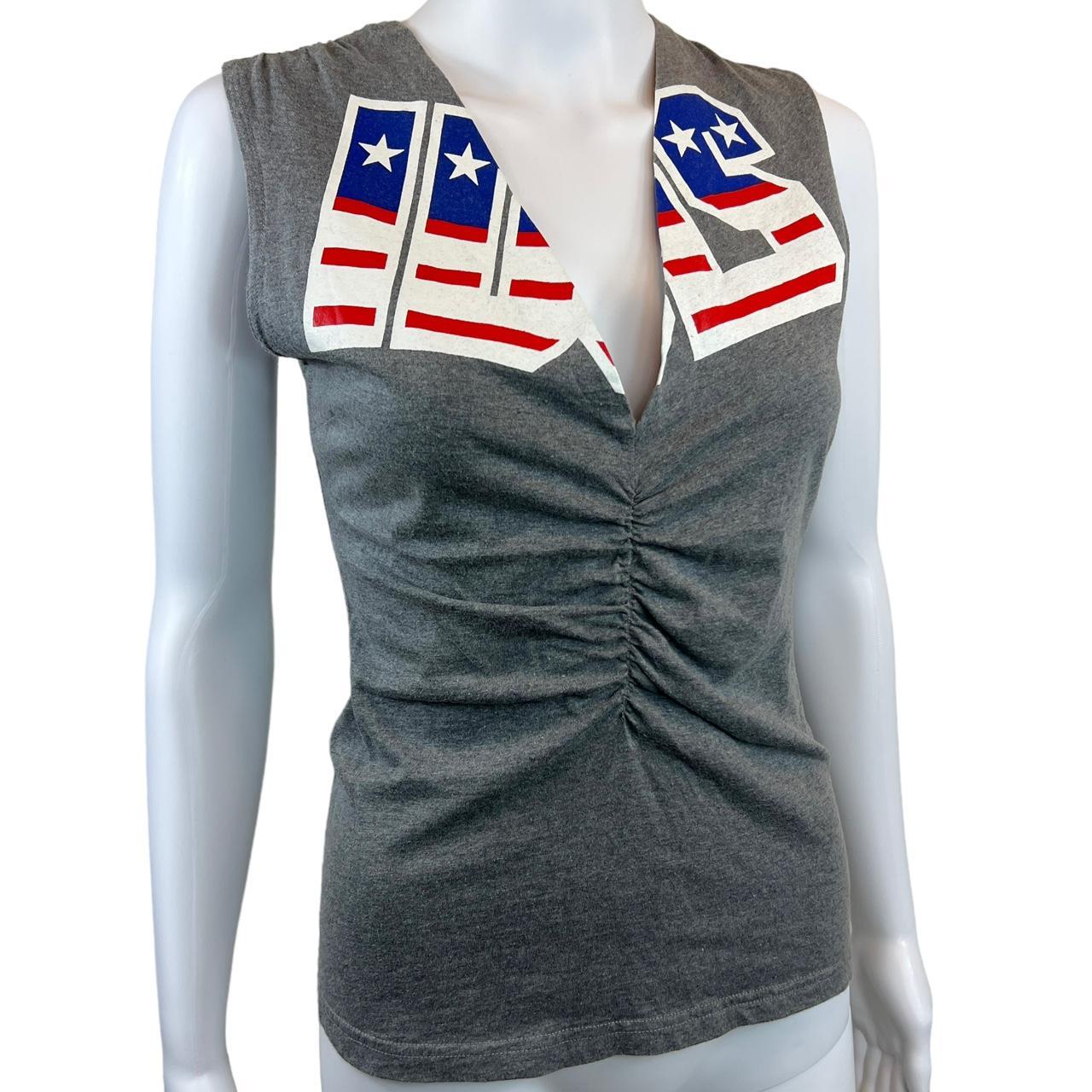 Dolce & Gabbana Patriotic / Americana Inspired Ruched Front Deep V-Neck Graphic Tank - Outfit Repeater