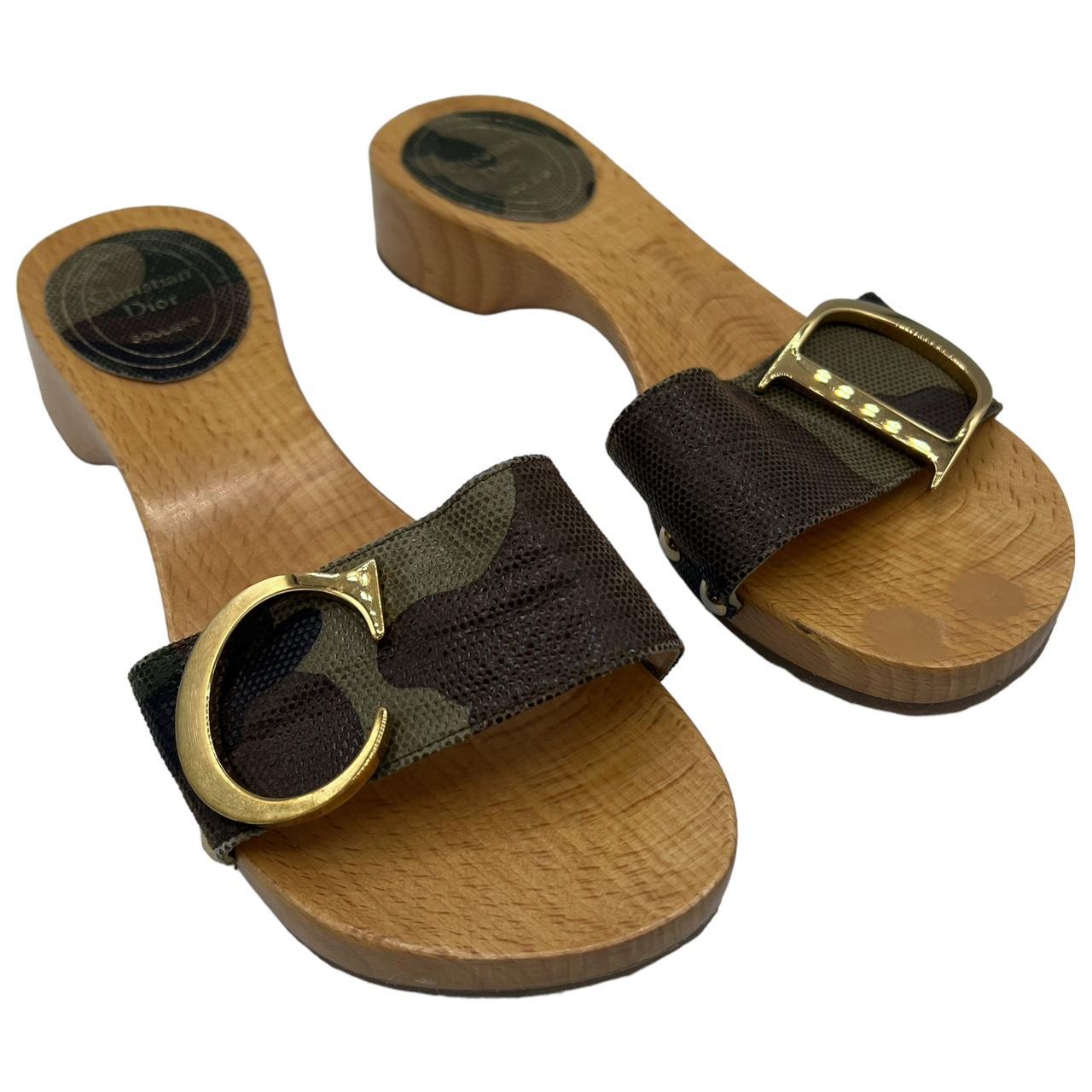 Christian Dior Wooden Mule Sandals Camouflage Gold Hardware