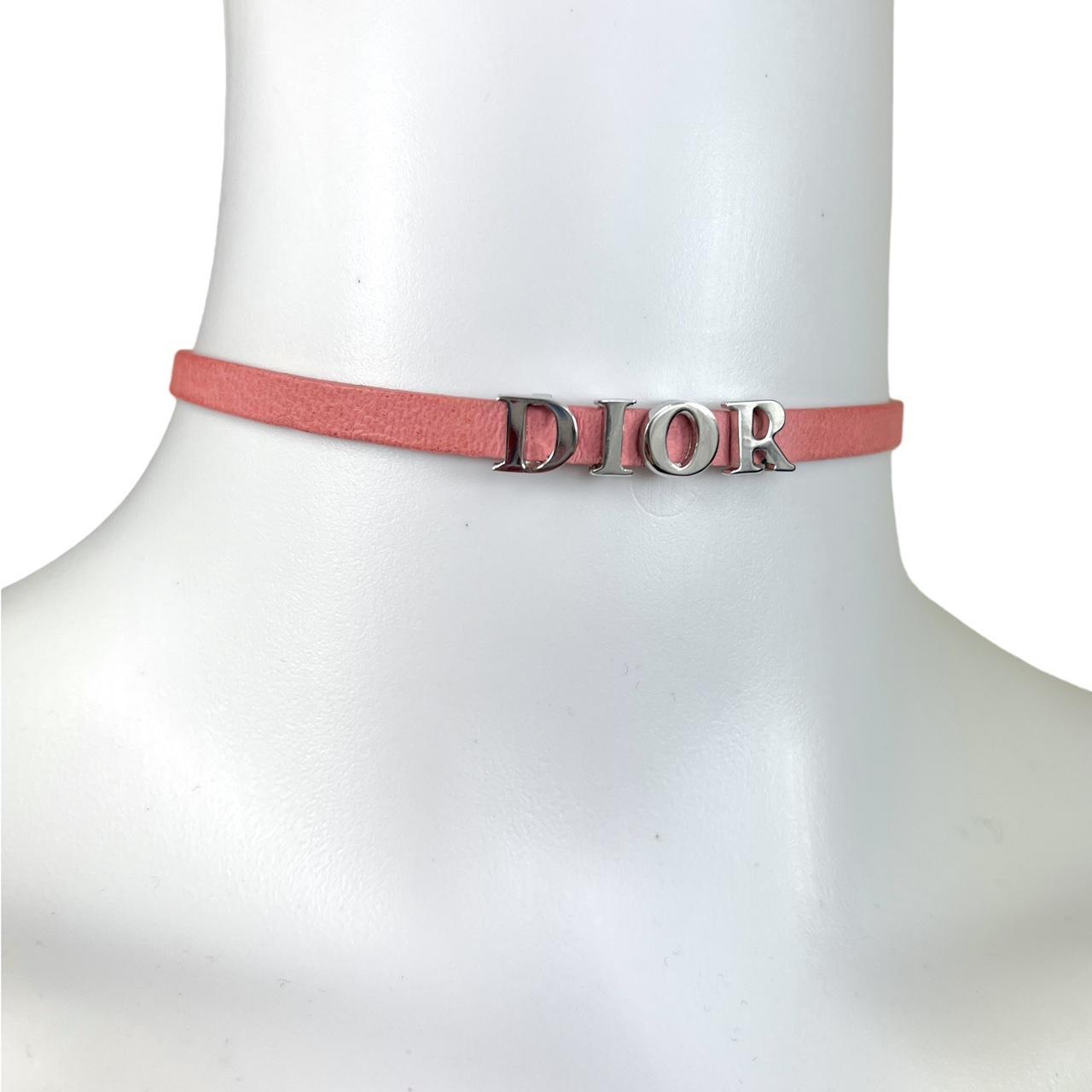 Christian Dior Choker Necklace Pink Leather Silver DIOR