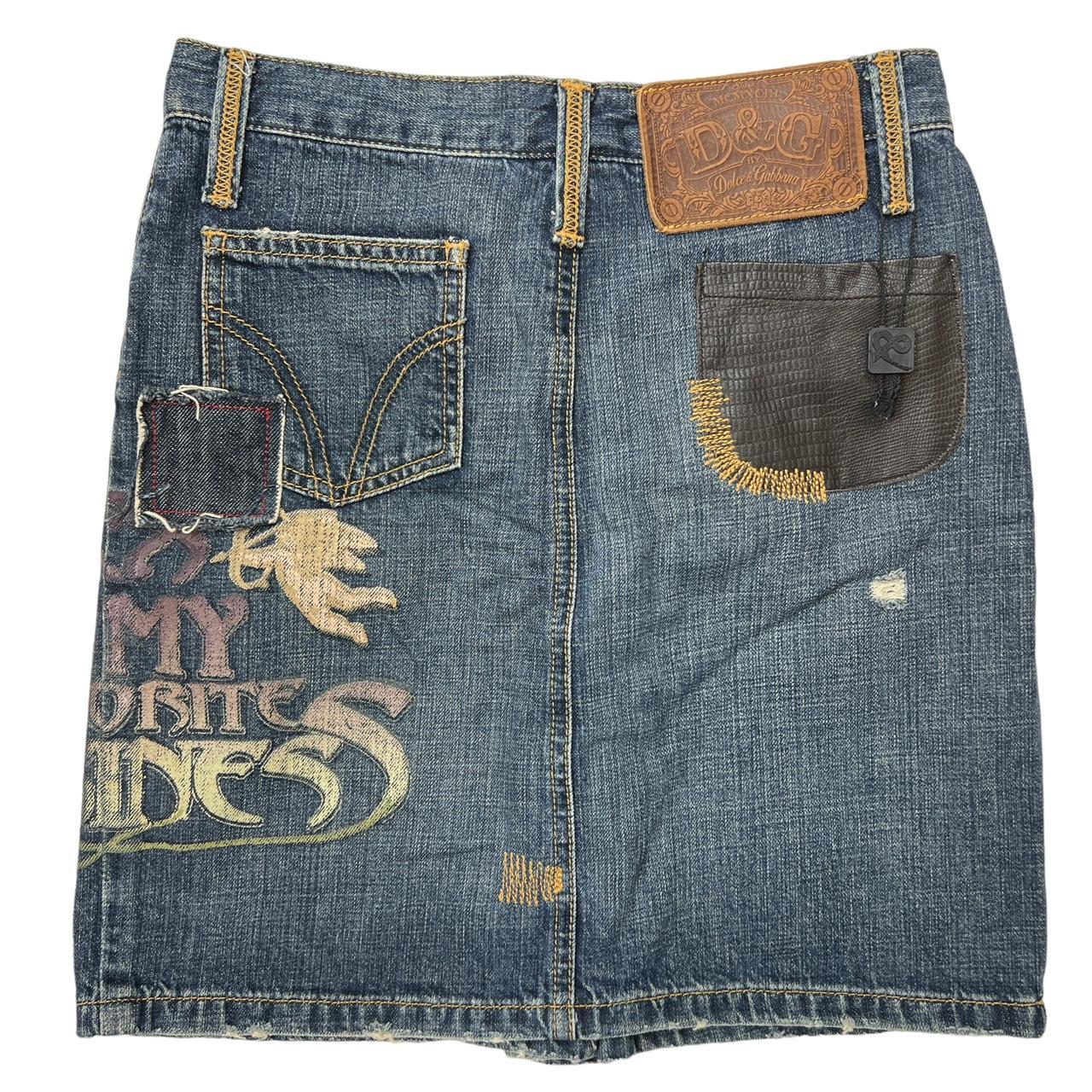 Dolce & Gabbana 'Sex is My Favorite Business' Graphic Distressed Denim Mini Skirt with Leather Logo Patch and Pocket - Outfit Repeater