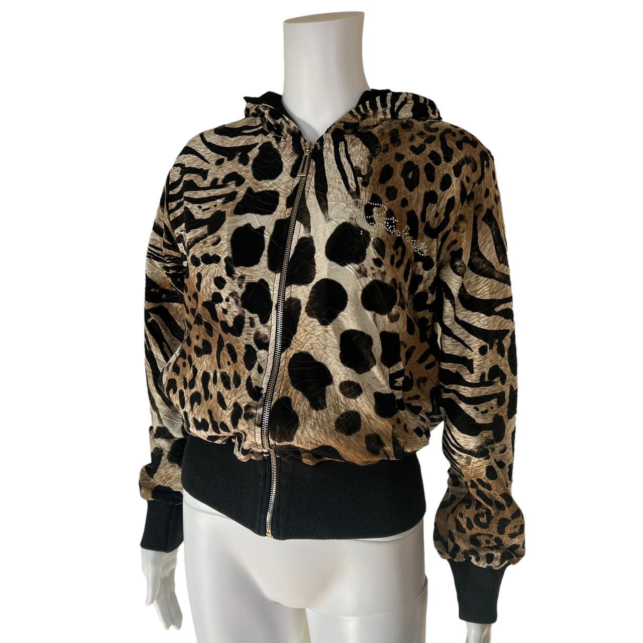 Roberto Cavalli Leopard Print Crystal Logo Embellished Hoodie