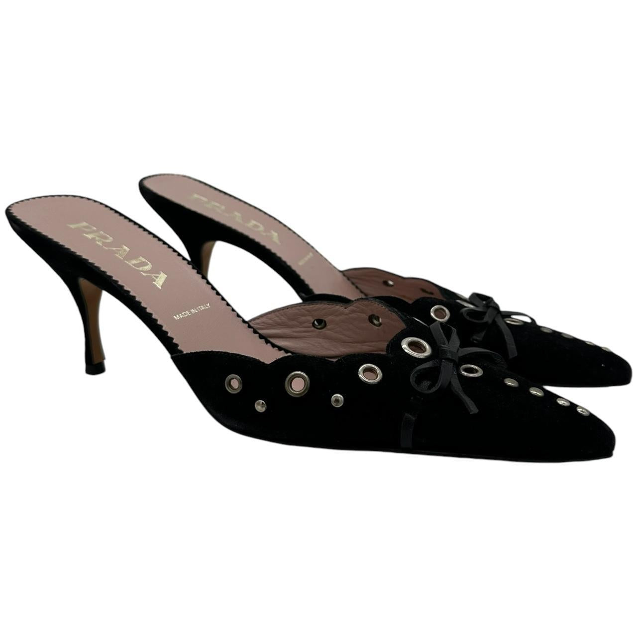 Prada Black Suede Rivet Kitten Heels