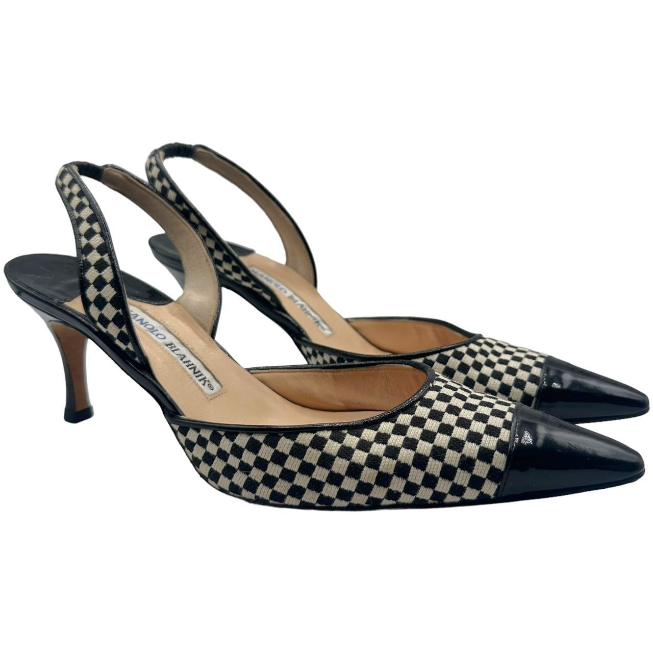 Manolo Blahnik Black White Checkered Slingback Heels