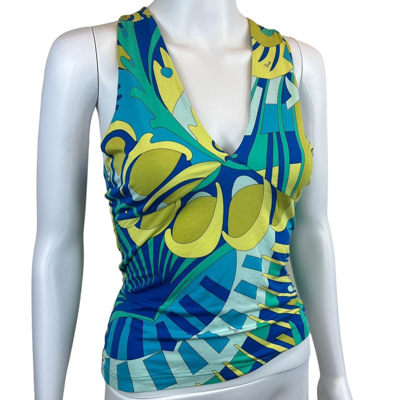 Emilio Pucci Firenze Blue and Green Patterned Twist Back Deep V-Neck Tank - Outfit Repeater