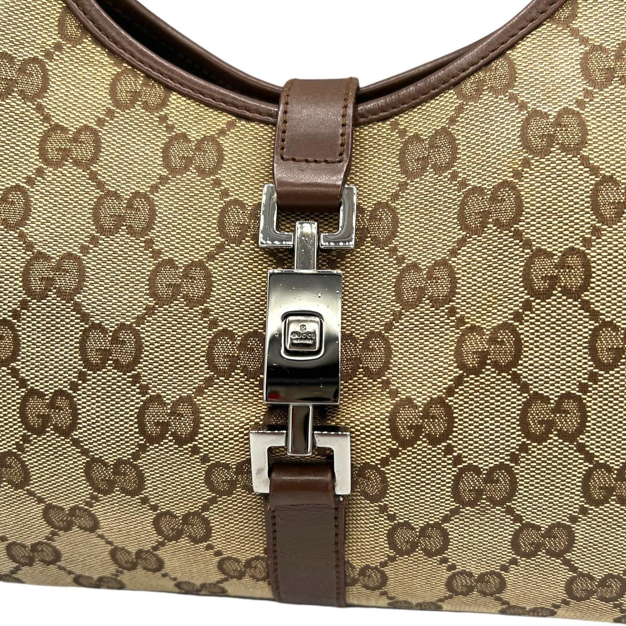 Gucci Brown Leather Tan Monogram Canvas Shoulder Bag
