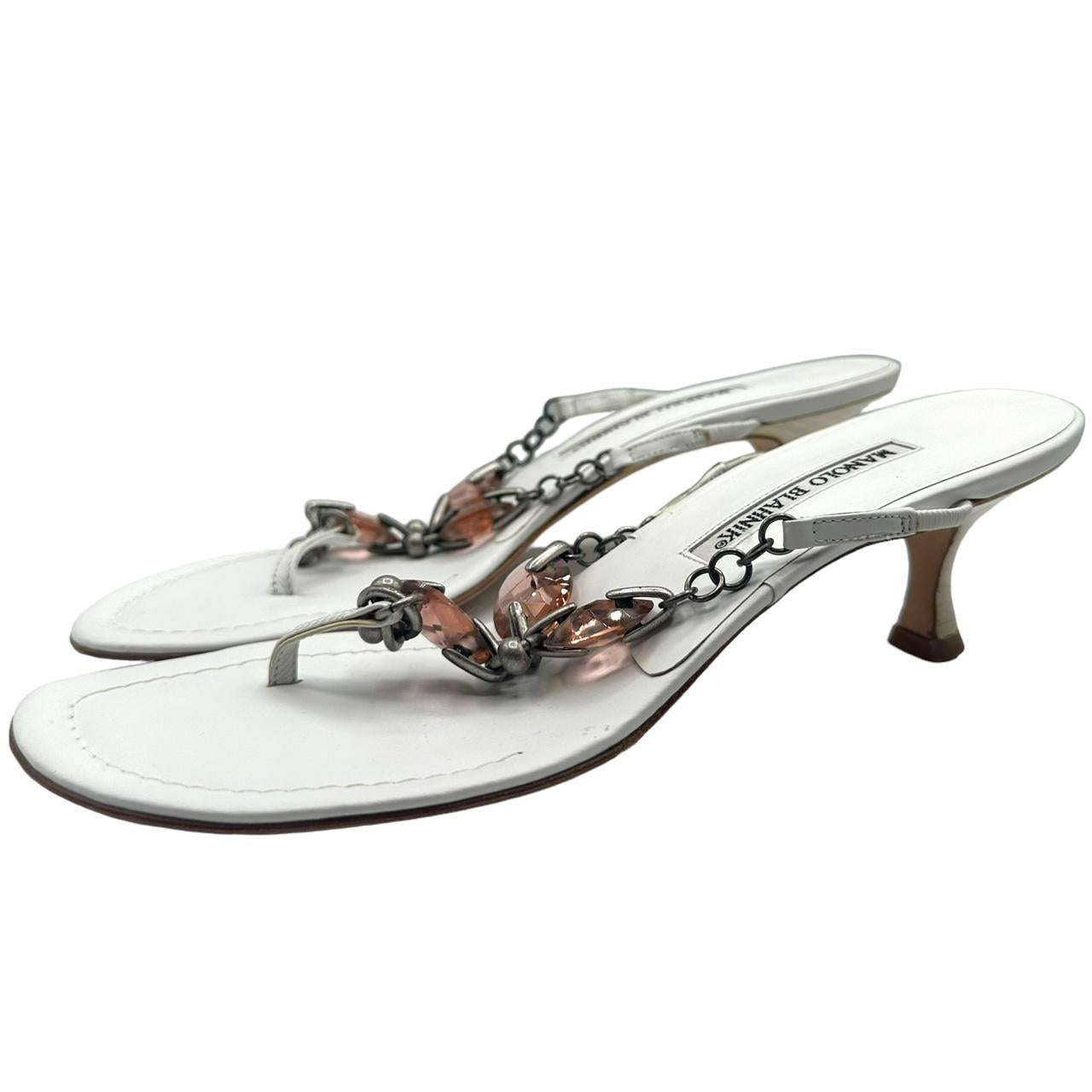 Manolo Blahnik White Leather Crystal Embellished Flip Flops