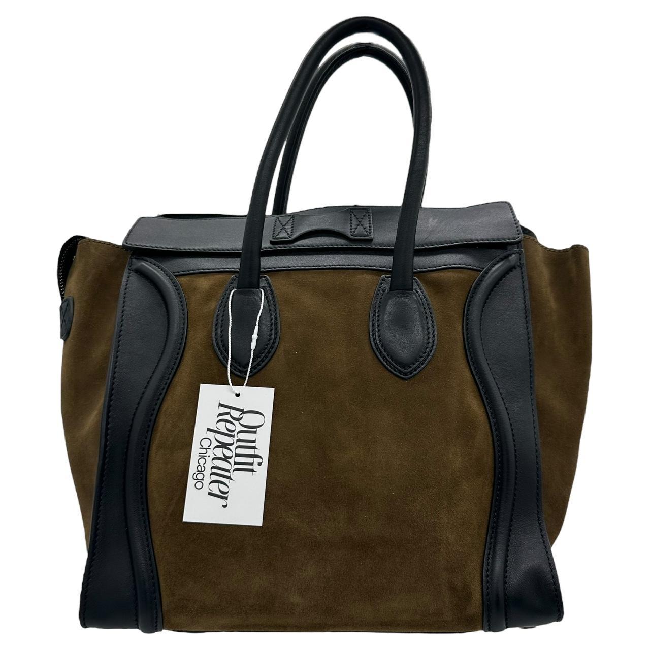 Celiné Brown Suede & Black Leather Luggage Tote Bag - Outfit Repeater