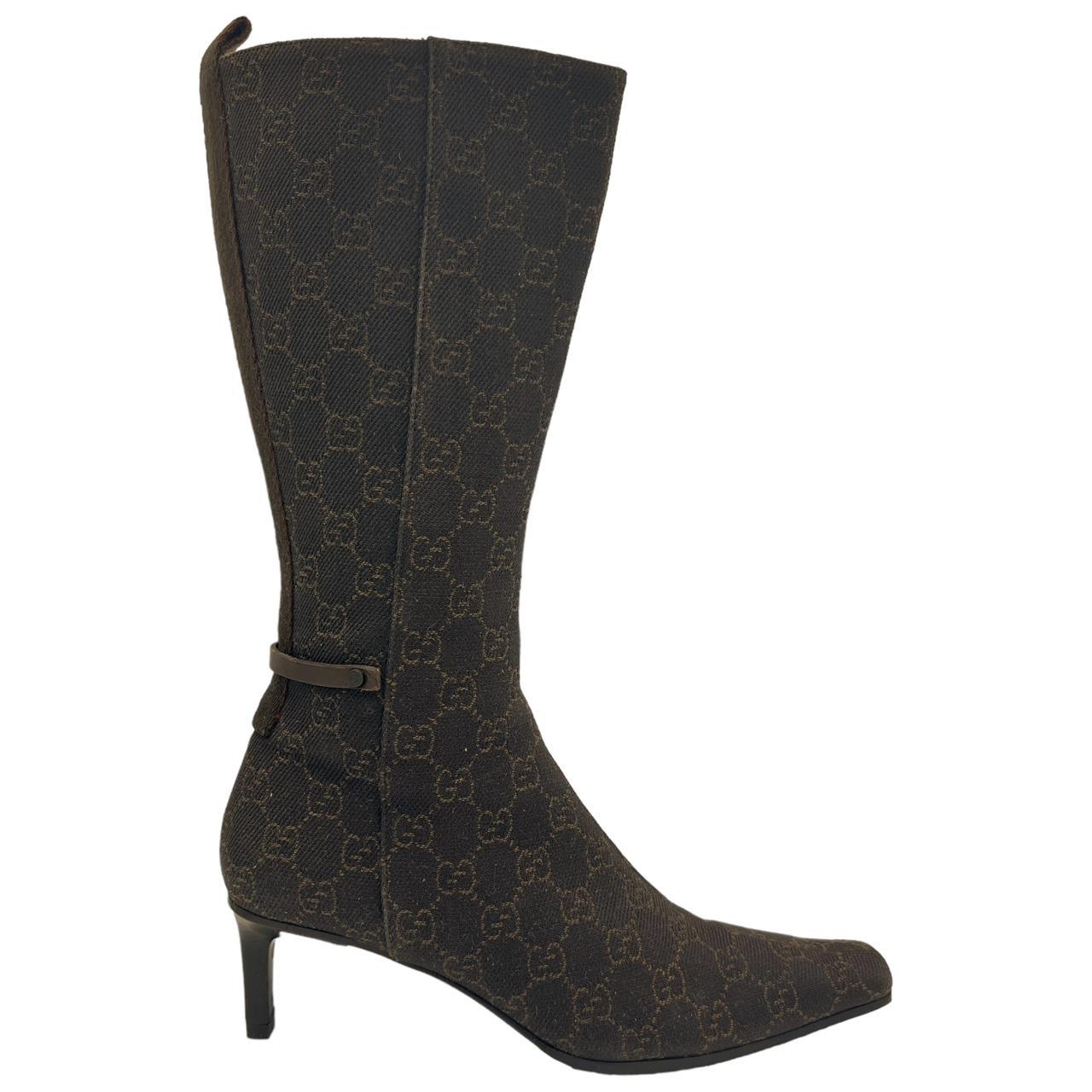Gucci Knee High Pointed Toe Boots Brown Monogram