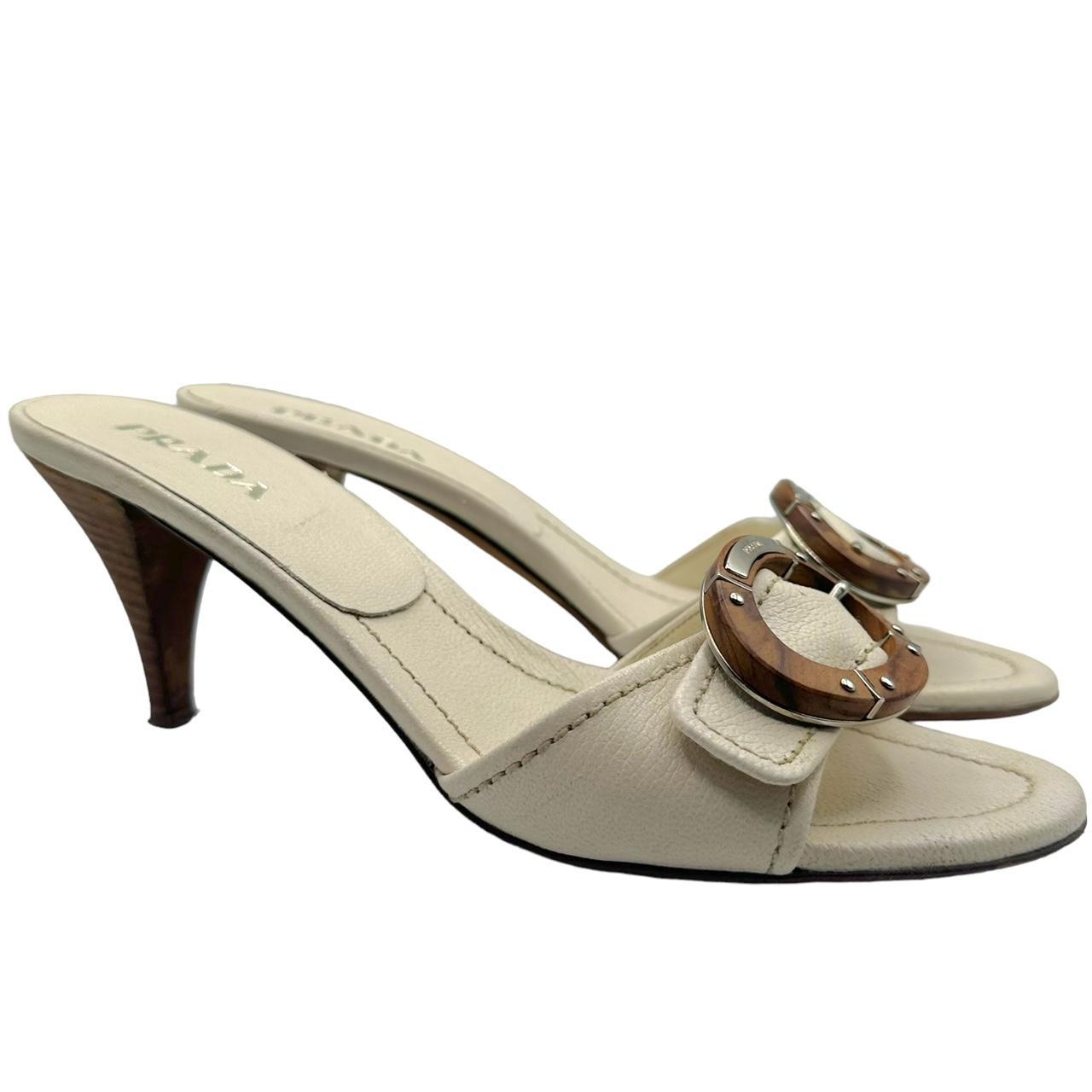 Prada White Leather Kitten Heel Sandals