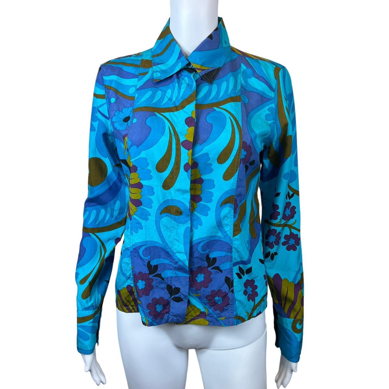 Gucci by Tom Ford S/S 1999 Blue Psychedelic Floral Print Silk Blouse