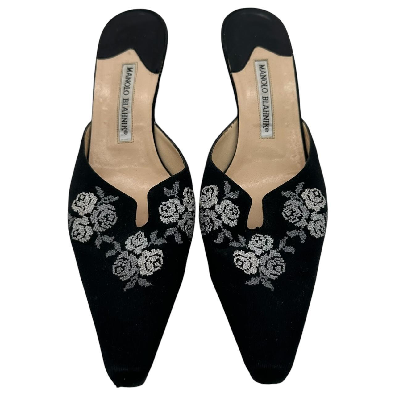 Manolo Blahnik Black Cross-Stitch Embroidered Kitten Heels - Outfit Repeater