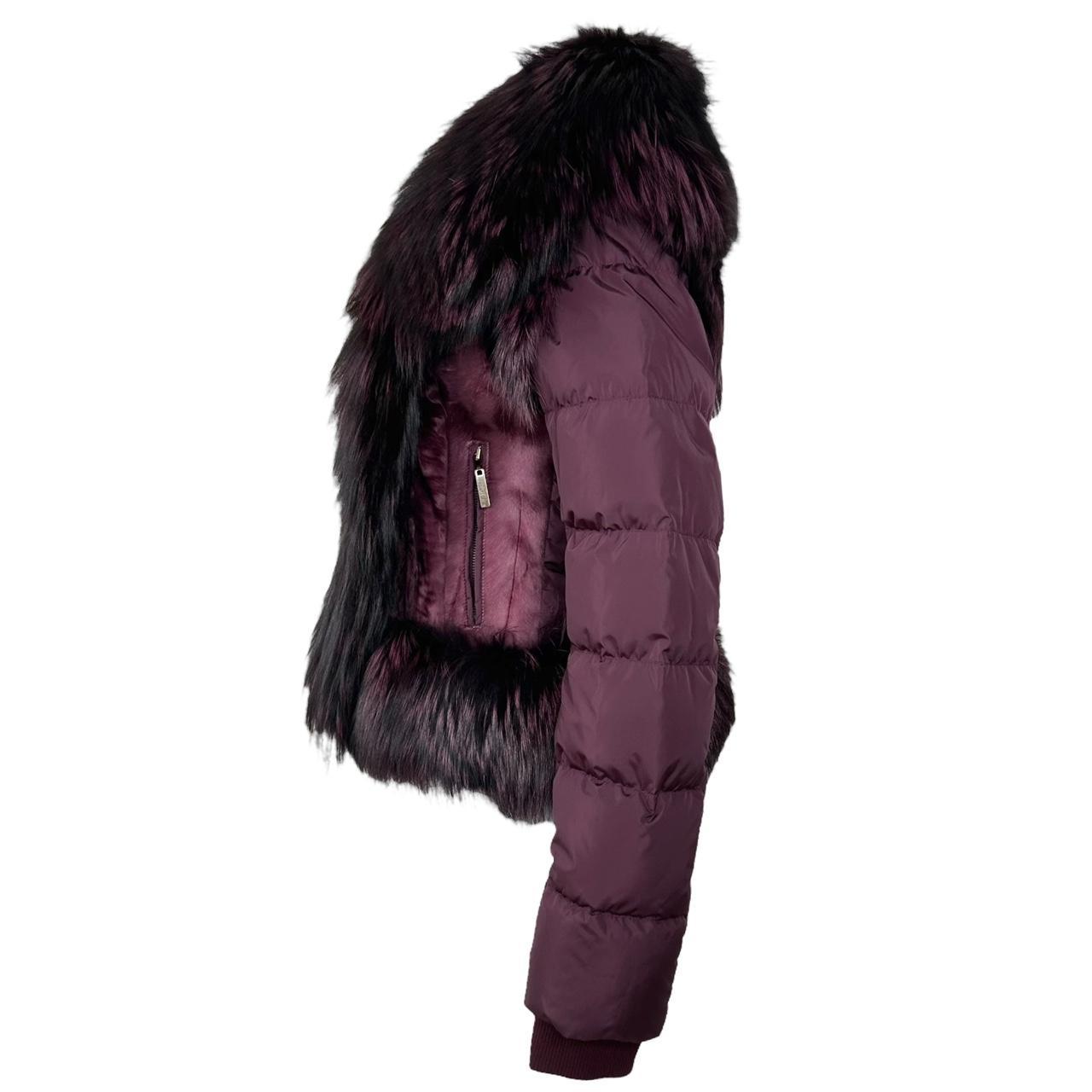 Roberto Cavalli Burgundy Fox Fur Trim Puffer Coat